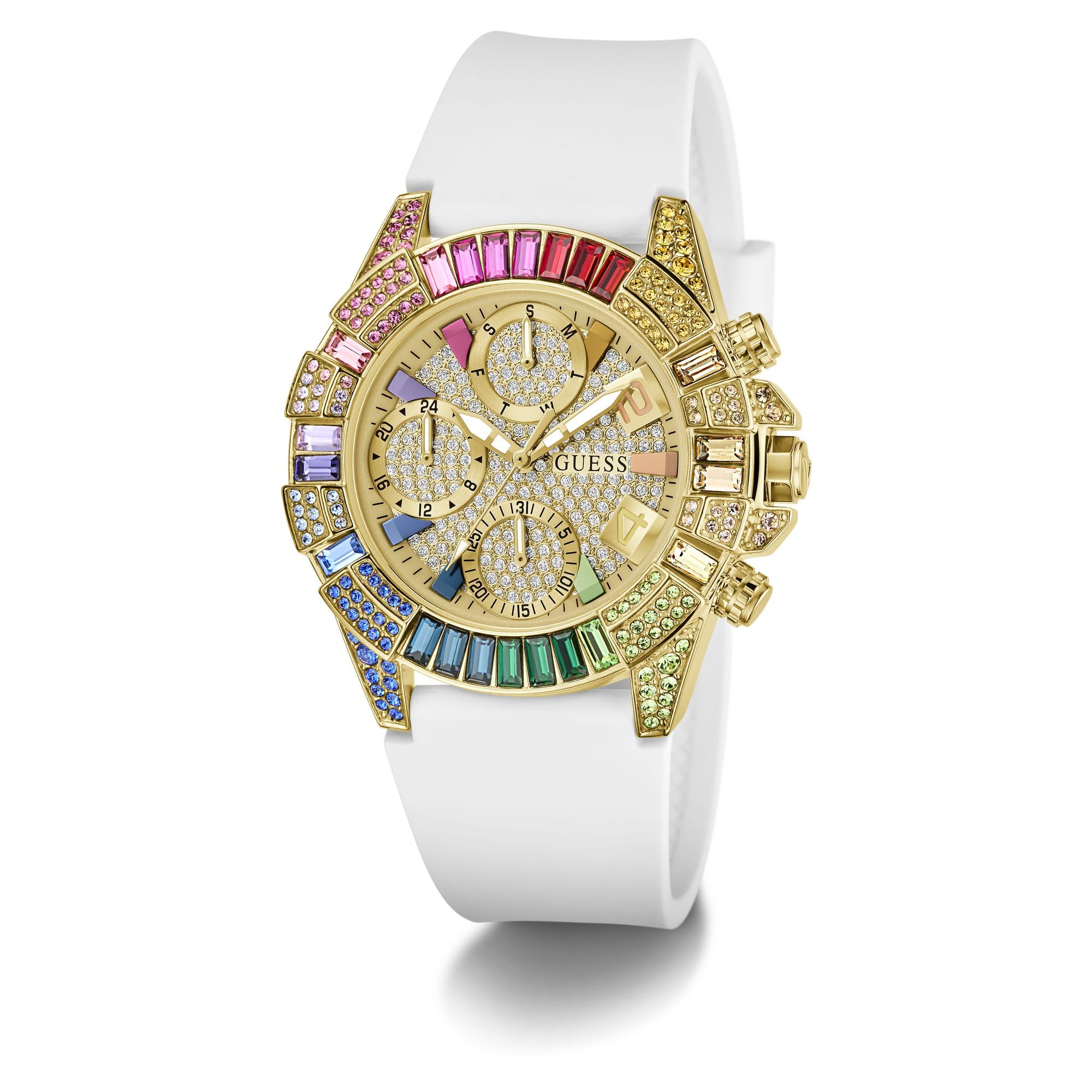 Guess True, Damen Armbanduhr, Quarz Analog, Edelstahl, 39mm, Silikonarmband, Weiß, 5 bar, Zifferblattfarbe: Champagner, Datumsanzeige, GW1047L2