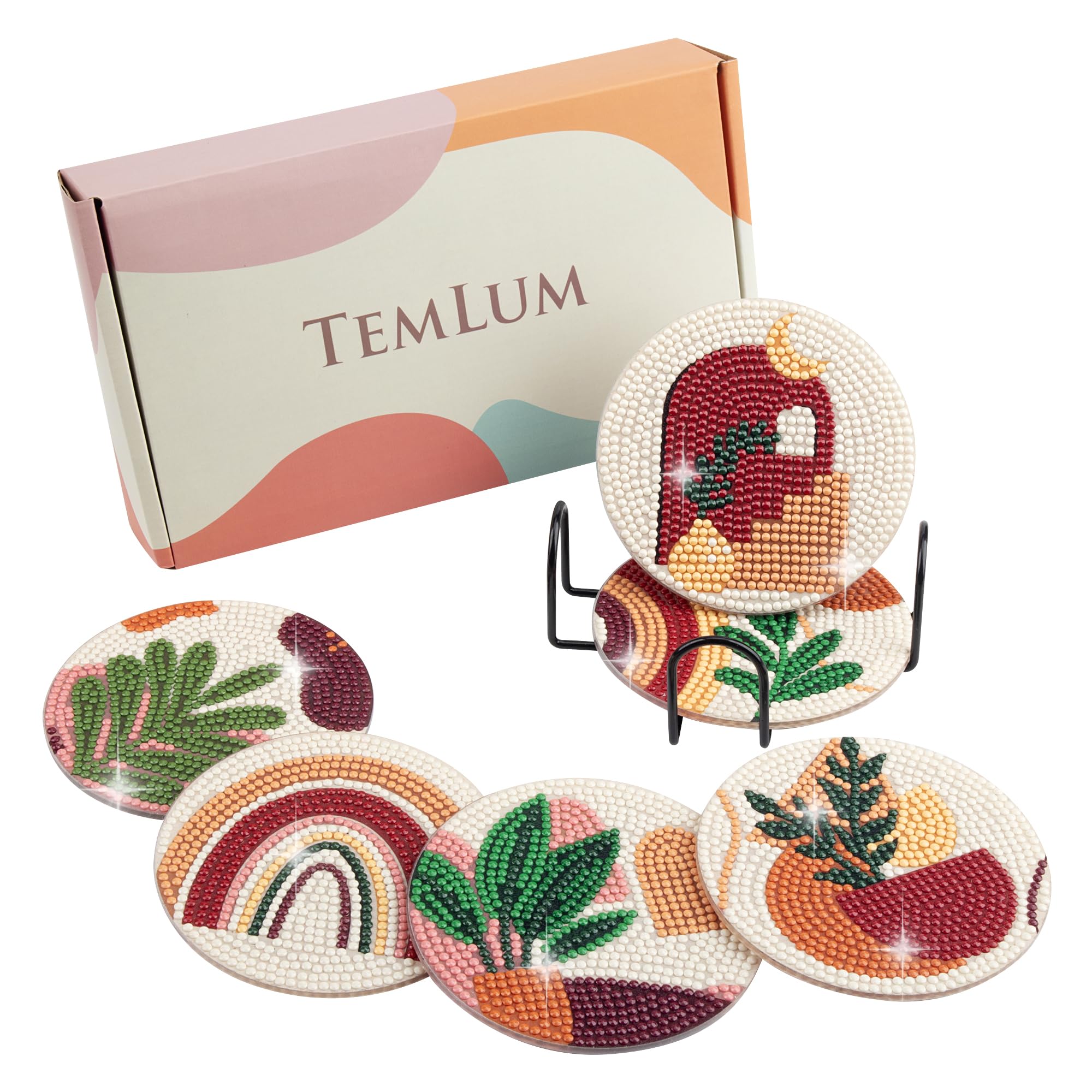 Temlum Diamond Painting Untersetzer mit Halter, 6er Set DIY Untersetzer Diamant Painting Set Basteln Erwachsene (Abstraktes Pflanzen)