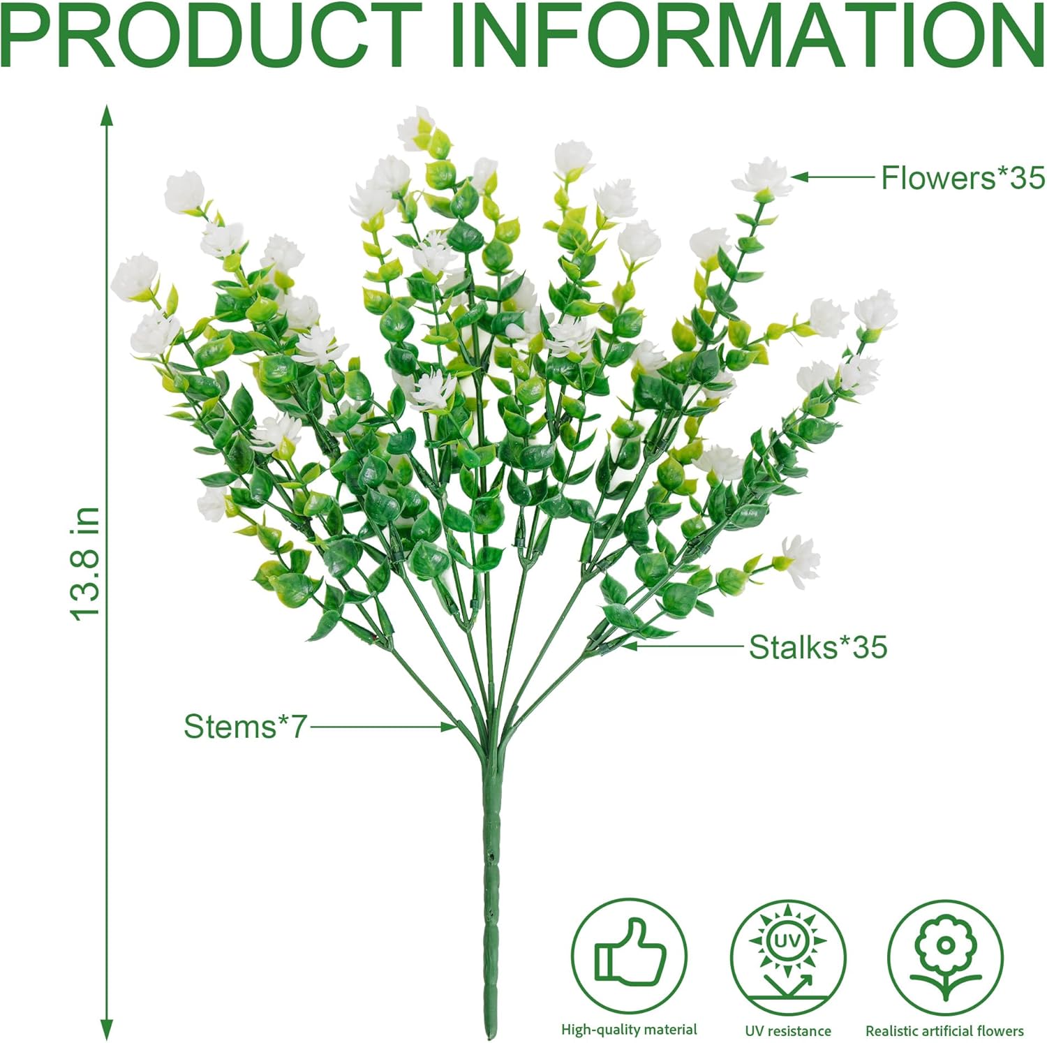 Artificial Flowers for Outdoors(24pac),Fake Plants,Fake Flowers,Artificial Plants & Flowers,Faux Flowers for for Front Porch Decor,uv Resistant Artificial Flowers（White）