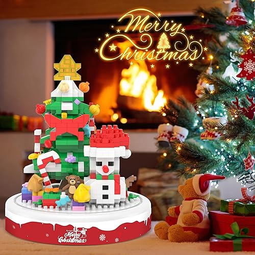 Miniatura 10 de Juego de bloques de construcción de árbol de Navidad, 542 piezas de bloques de construcción de Navidad con luz LED y cubierta antipolvo, adorno de