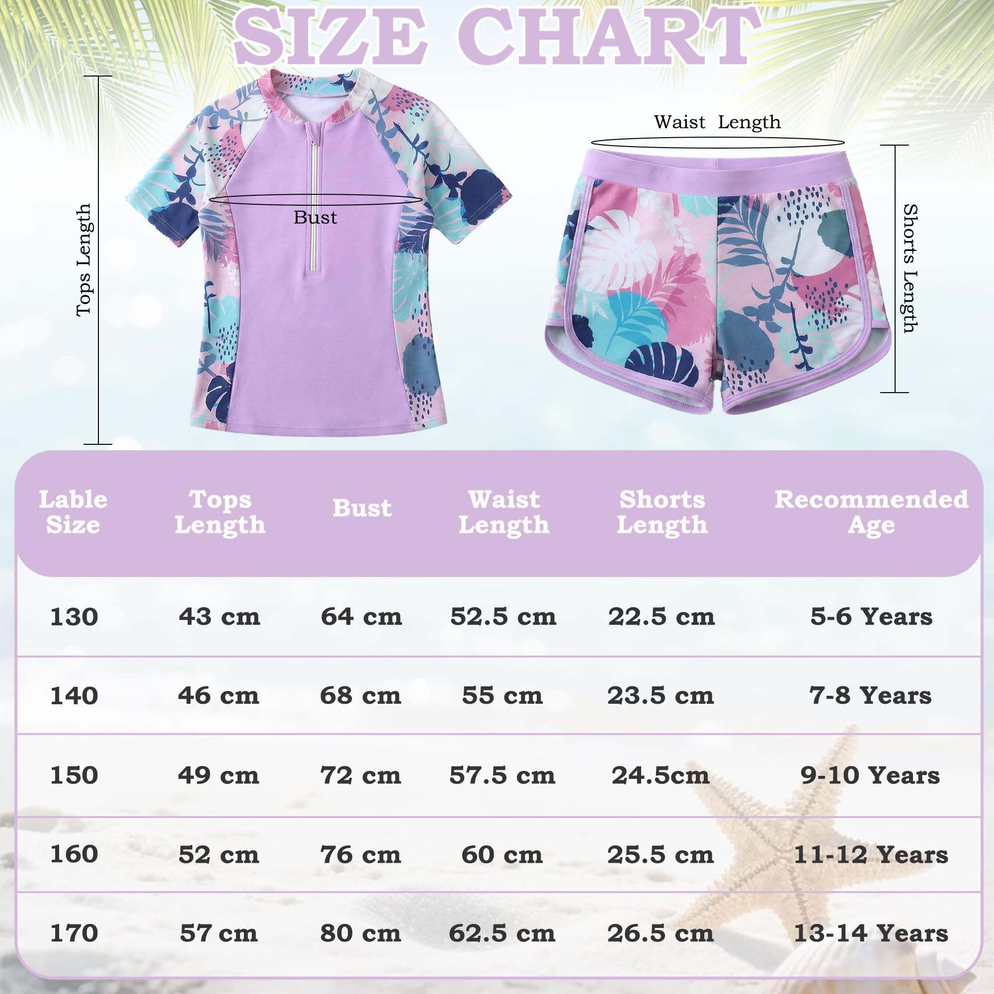 Niñas Traje de Baño 2 Piezas Manga Corta Protección Solar, Secado Rápido Estampado Top con Cremallera y Shorts, Elástico Rash Guard Playa Piscina Bañador Ropa para 5-14 Años