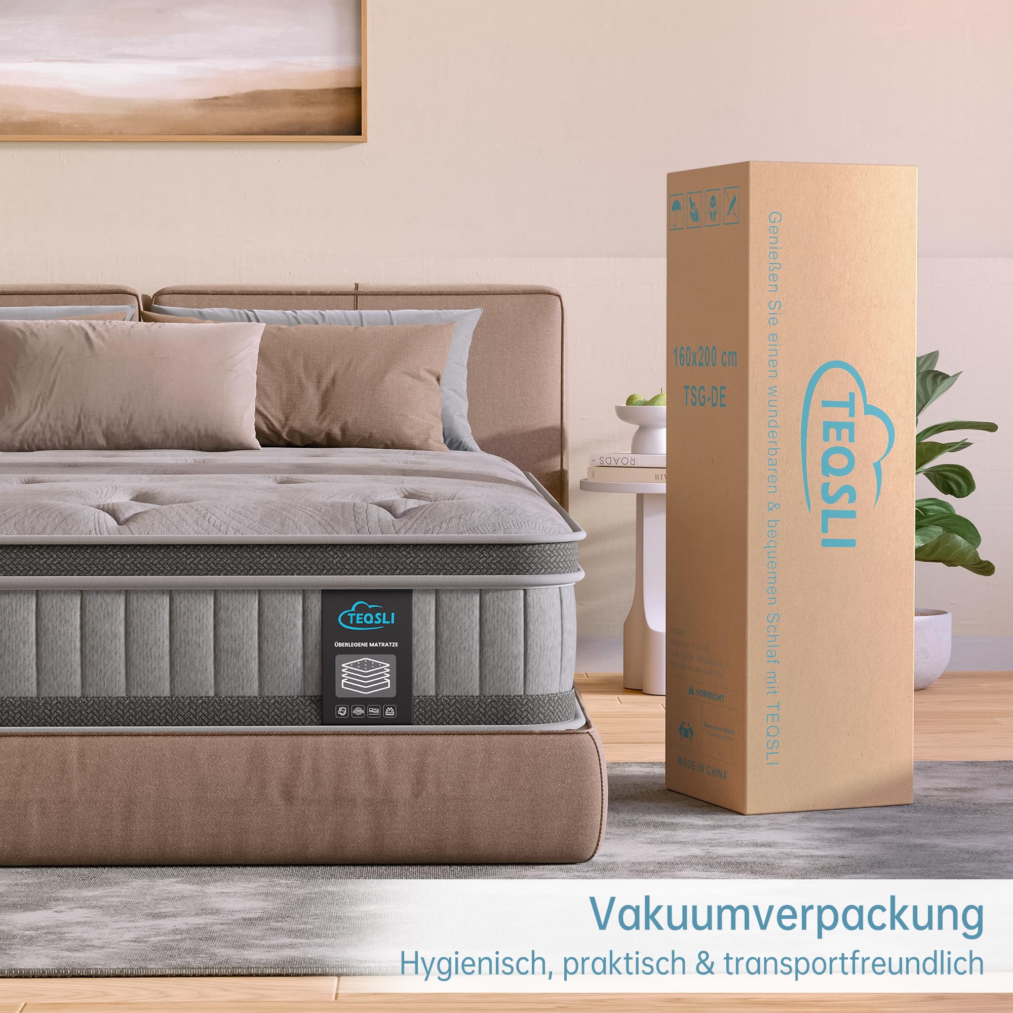 TeQsli Gel Taschenfederkernmatratze 140x200 cm H3 mittelfest 25 cm Höhe, Ergonomische 9-Zonen Matratze mit Gel Memory Schaum für Rückenunterstützung & Druckentlastung, Öko-Tex & CertiPUR Zertifiziert