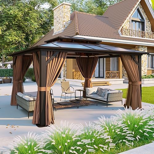 Vista 133 de Aoxun - Gazebo con techo rígido para jardines, patios con cemento o césped, pabellón permanente de policarbonato con doble techo, marco de aluminio