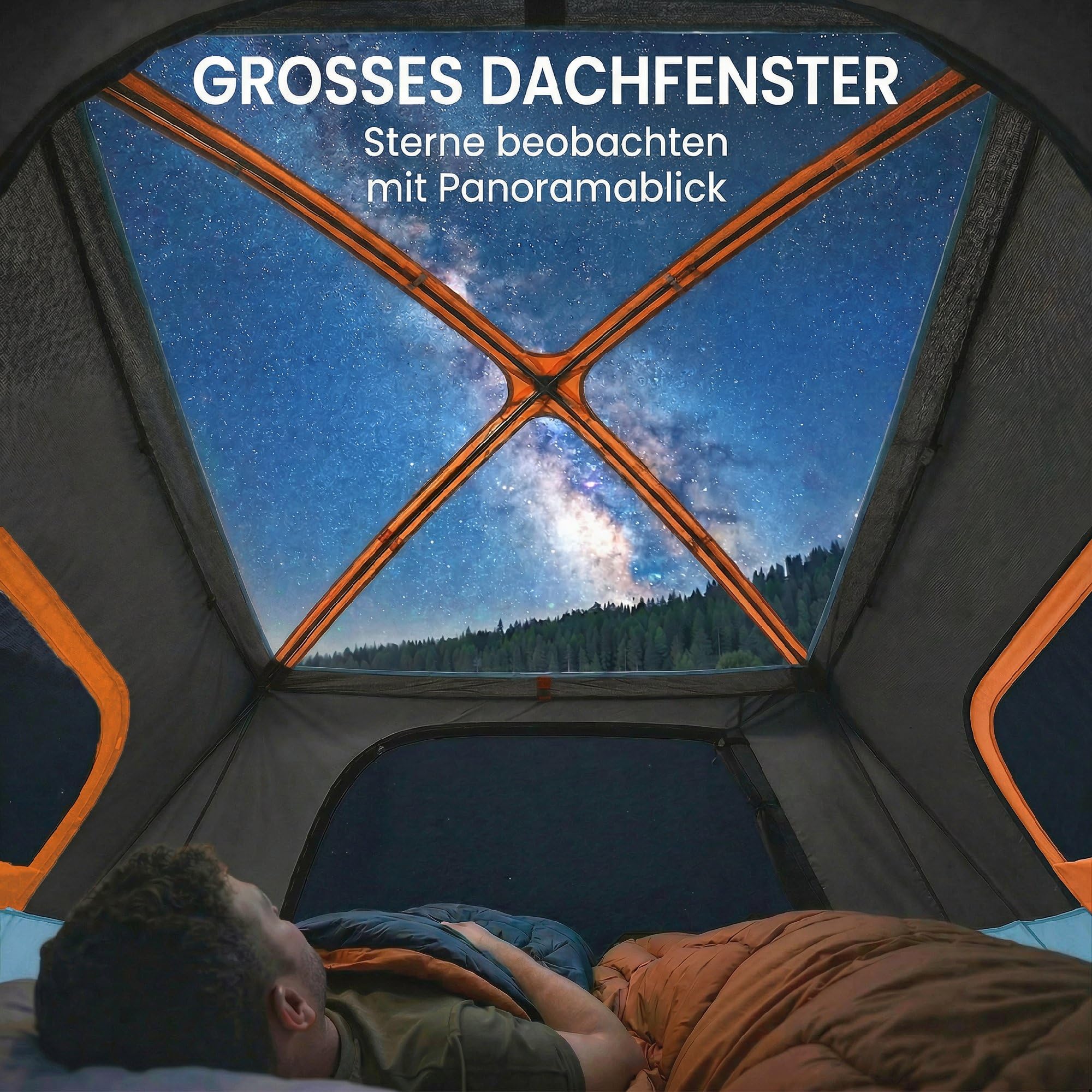 Outsunny Tunnelzelt 4 Personen Stehhöhe 3000-mm-Wassersäule Orange+Blau | Familienzelt, Schlaf- und Wohnzimmer, Dachfenstern, Bodenplane, Wasserdicht, Tragetasche, Campingzelt für Cmping