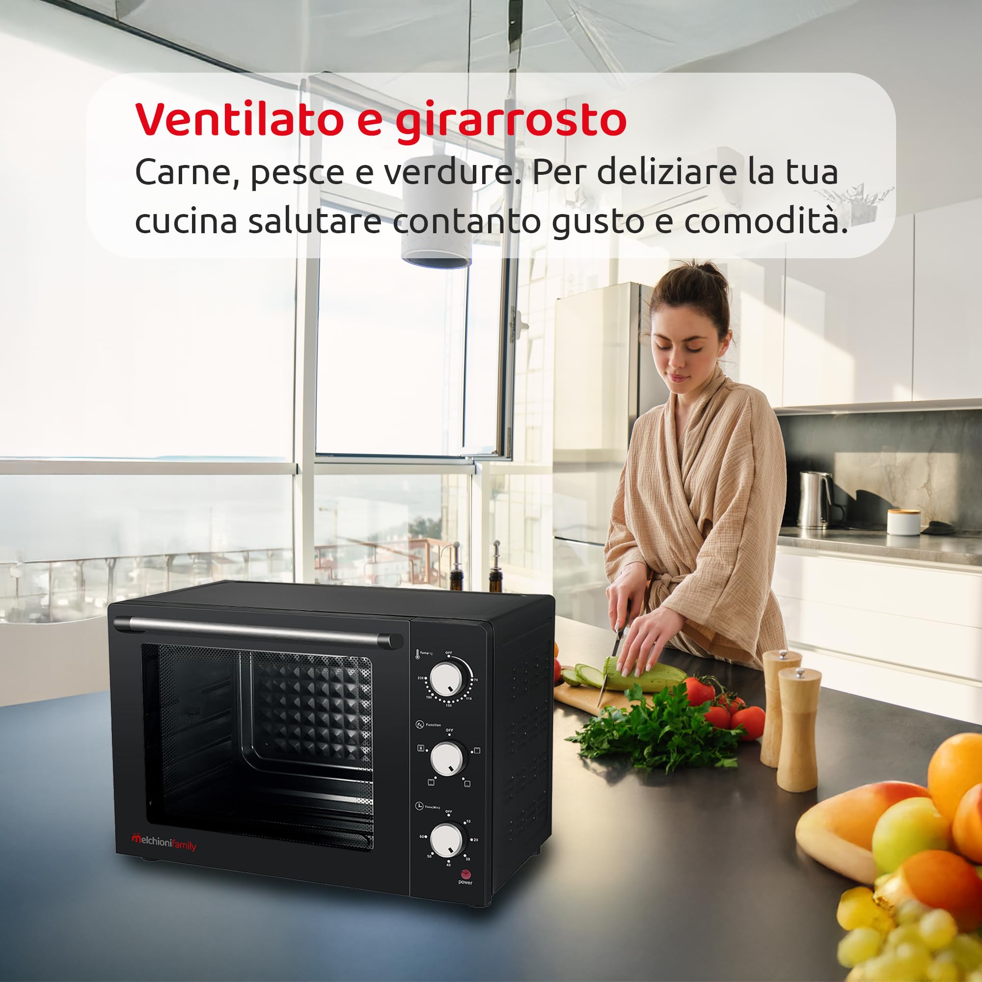 Melchioni Family | Forno Elettrico Ventilato ENJOY, Fornetto Elettrico con Girarrosto, Capacità 63 litri, Temperatura 230°, Fornetto Pizza Potenza 2200 W, Forno Pizza Professionale 58 x 44 x 40.7 cm