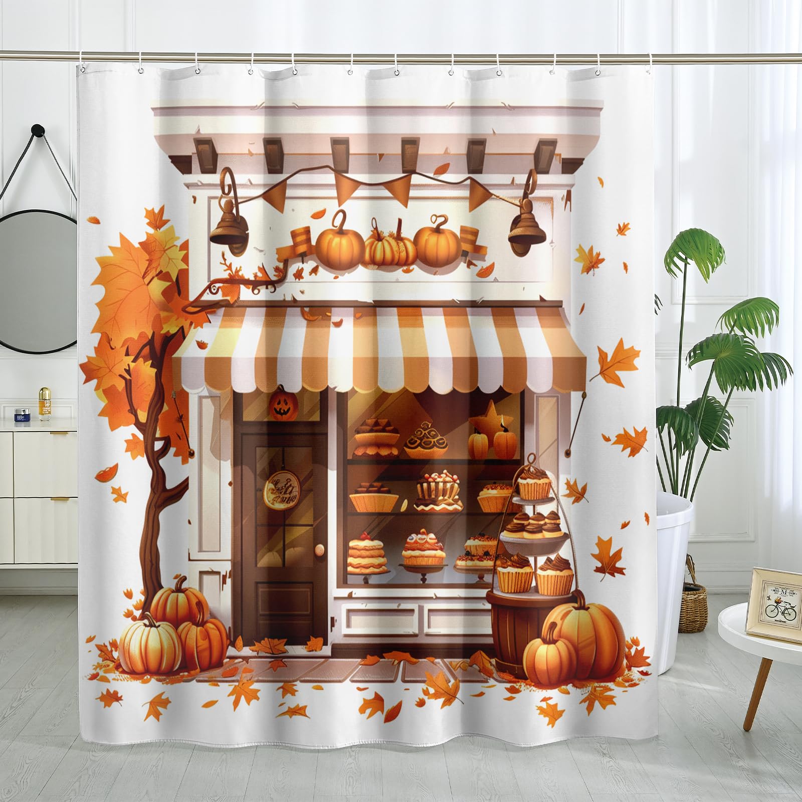 Fall Weird Food Shower Curtain Set 62''x72'' with Hooks, Autumn Cake Shop Bathroom Decor, Harvest Holiday Bath Accessories Polyester Fabric