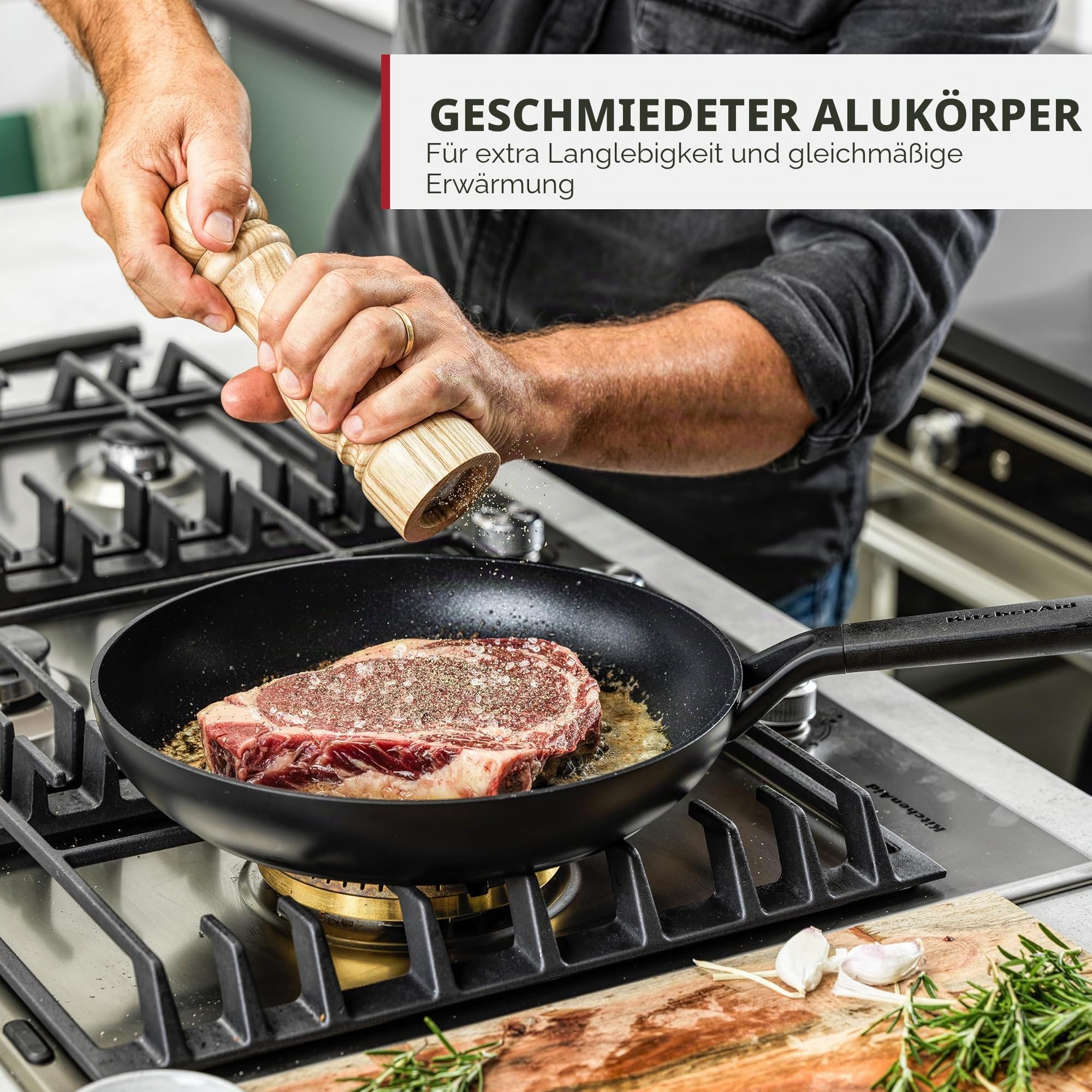 KitchenAid Pfannenset induktion I Classic Frying Pan Set I Pfannen-Set 20/24/28 cm I Hart Anodisiert, PFAS-freie Gesunde Keramische Antihaftbeschichtung, Ofen- und Spülmaschinenfest I Schwarz