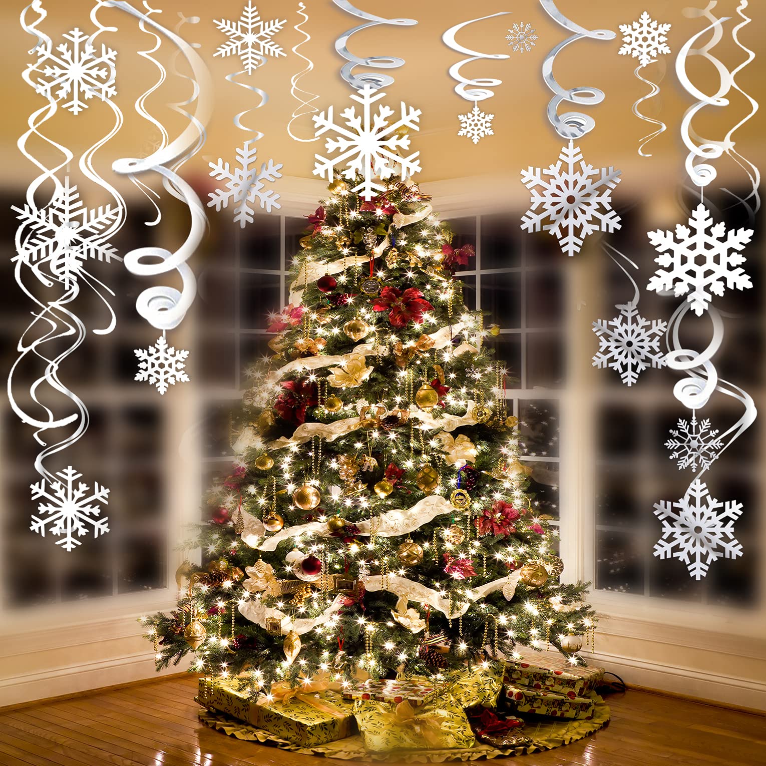 40 Weihnachten Winter Girlande Schneeflocken, Hängende Spiralen Wirbel Deko Luftschlangen Party Dekorationen Folienspiralen Zum Aufhängen Deckenhänger Spiral Girlanden Hanging Swirls