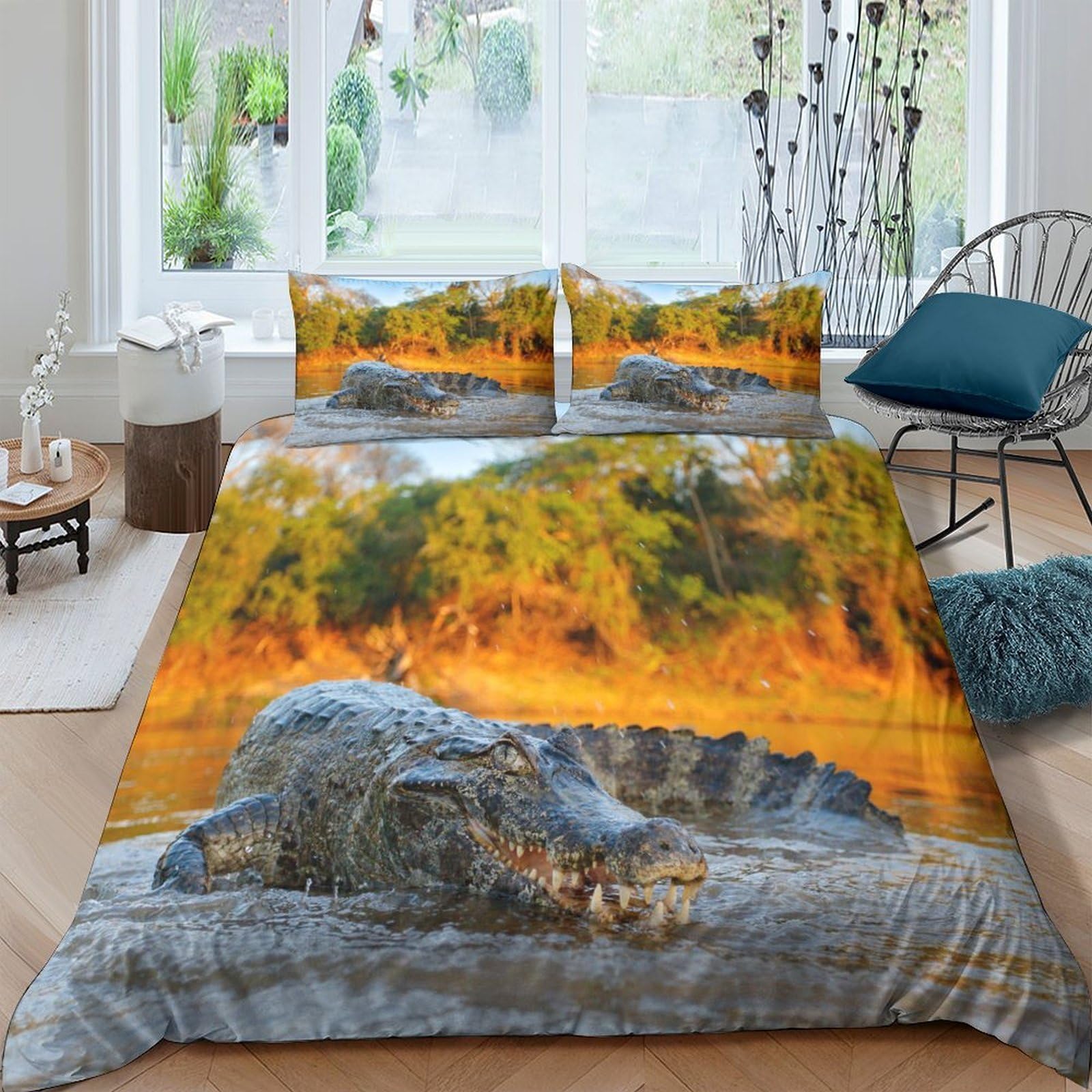 Ctjqhvkz Style-1 3D Printed Crocodile River Fitted Sheet Microfiber Soft Anti-Slip Animal Landscape Mattress Cover For Bedroom Dorm Decor Single（135X200cm）