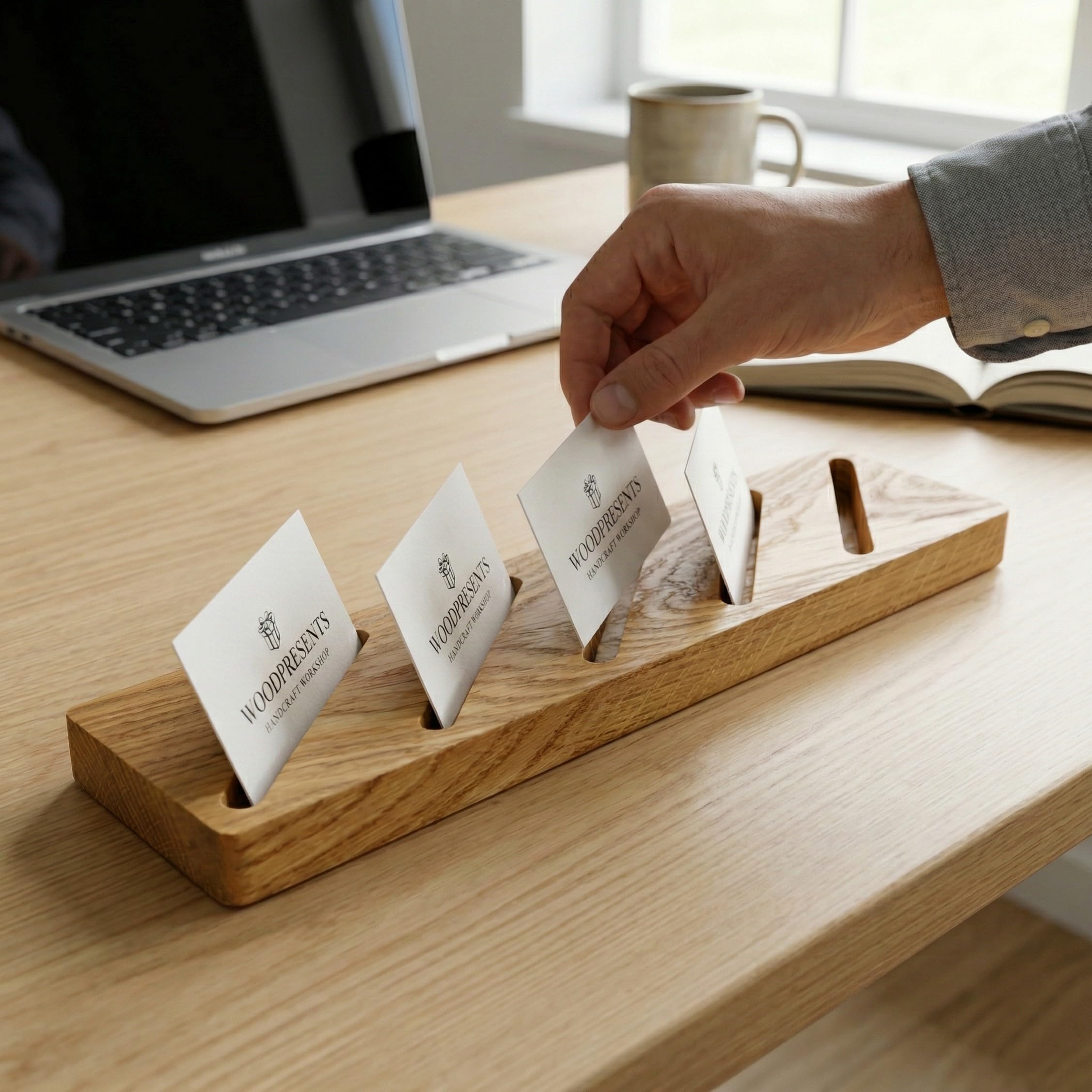 Portatarjetas de visita múltiple de madera de roble, moderno soporte para tarjetas de 5 ranuras para escritorio de oficina, organizador profesional perfecto para hombres y mujeres, diseño elegante y