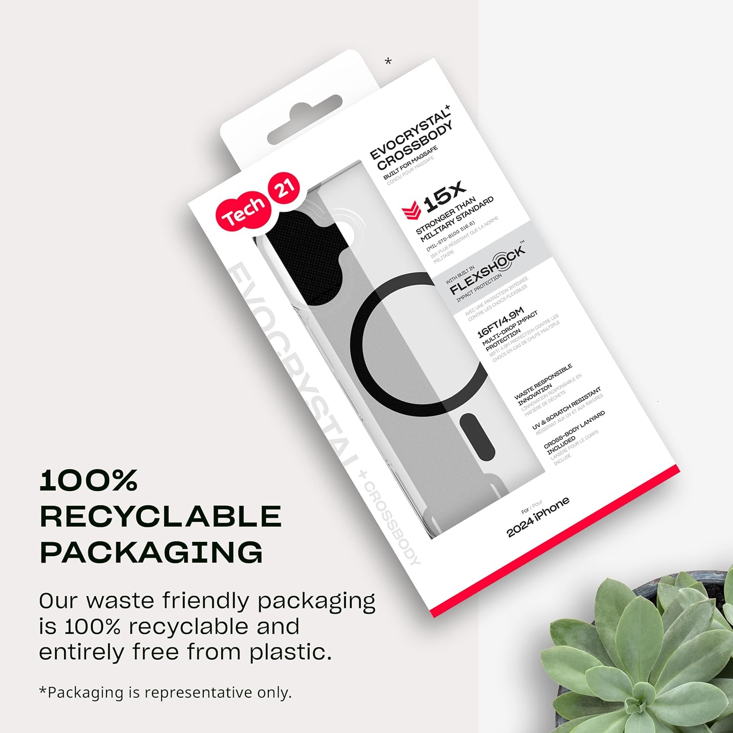 Tech21 EvoCrystal w/Crossbody for iPhone 16 - Compatible with MagSafe - Impact Protection Case 15x Military Dtandard Tested - with Crossbody Lanyard -in Black