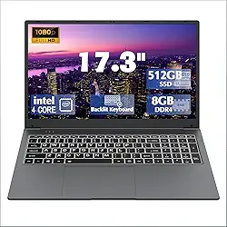 Laptop de 17 polegadas com teclado retroiluminado, teclado de fonte grande tamanho completo, Celeron N5095 8 GB RAM 512 GB SSD, computadores com Win 11, tipo C, webcam, Wi-Fi duplo, BT4.2 e