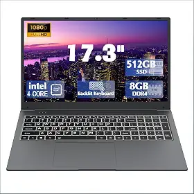 Laptop de 17 polegadas com teclado retroiluminado, teclado de fonte grande tamanho completo, Celeron N5095 8 GB RAM 512 GB SSD, computadores com Win 11, tipo C, webcam, Wi-Fi duplo, BT4.2 e
