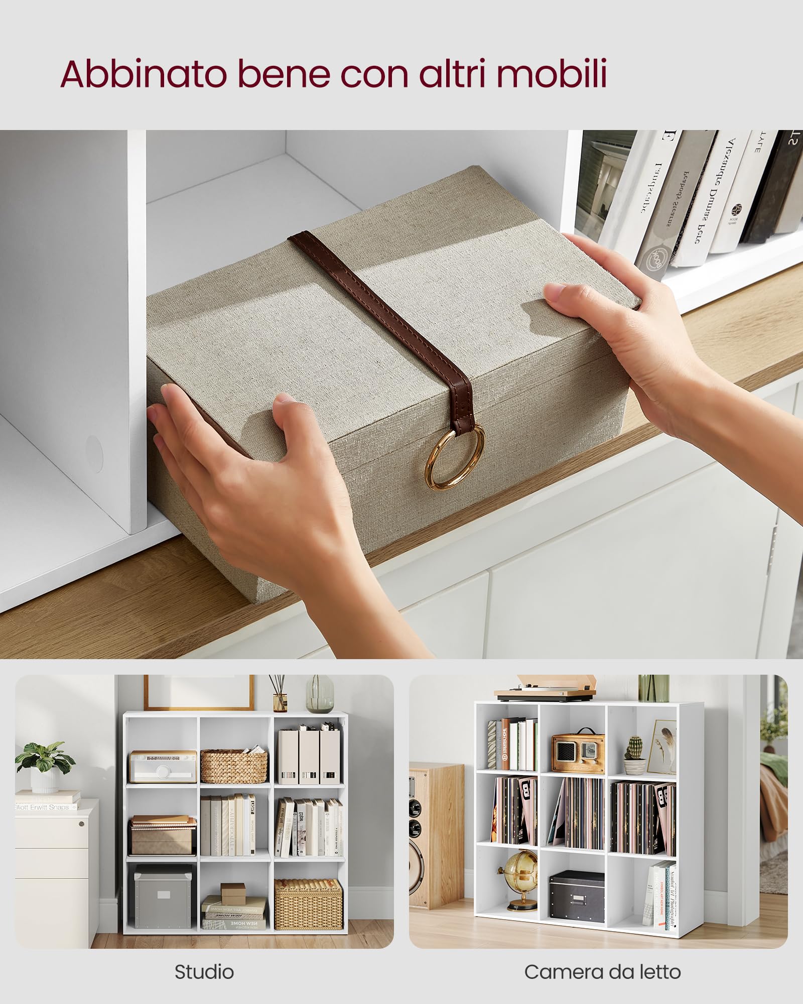 VASAGLE Libreria a 9 Cubi, Scaffale Espositore per Decorazioni, Souvenir, Piante, per Studio, Ufficio, Soggiorno, 30 x 97,7 x 97,5 cm, Bianco LBC177W01