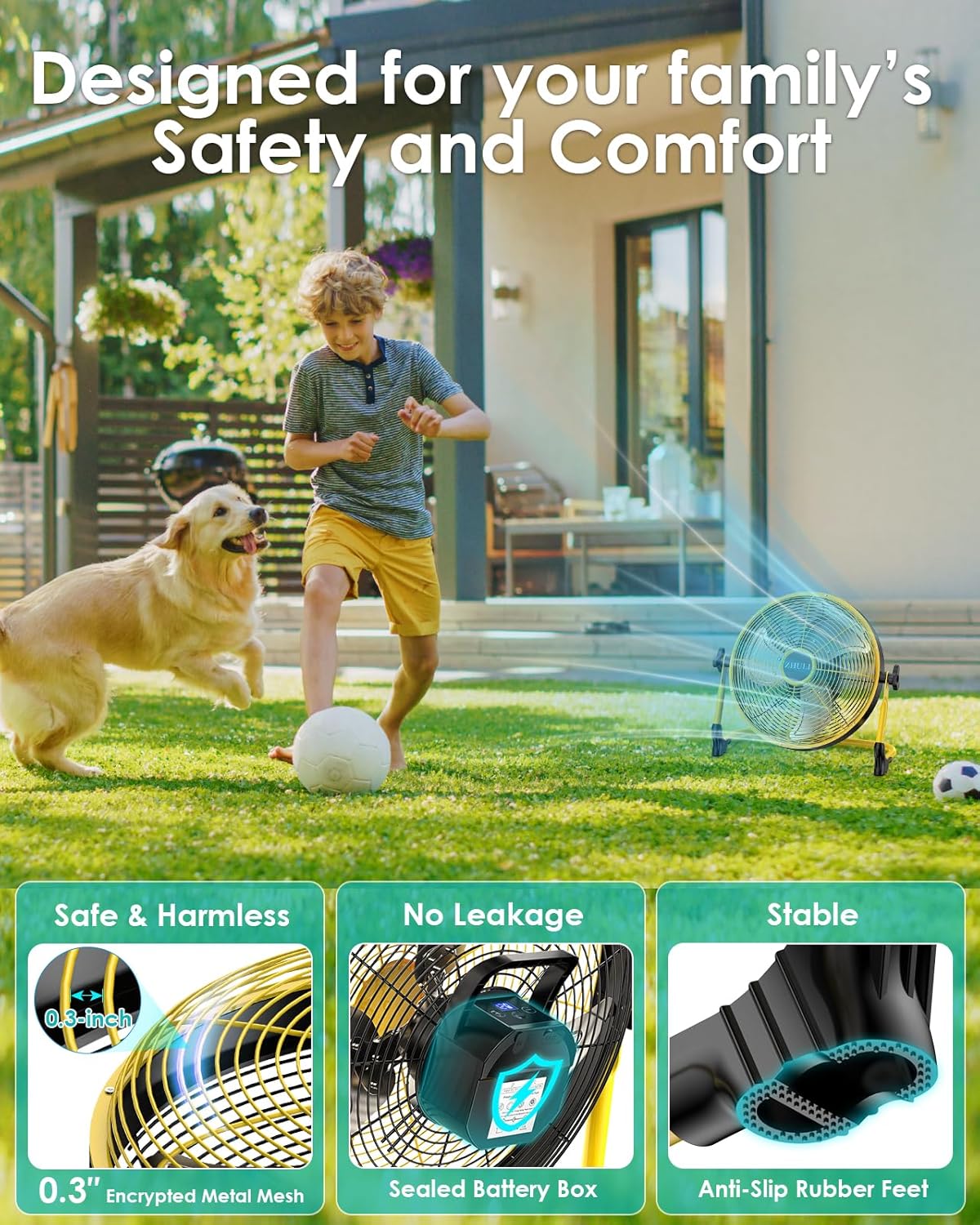 ZHULI 10" Portable Battery Operated Floor Fan, Rechargeable Cordless Camping Fan, Hi-Velocity Brushless Motor, Metal blade, USB Phone Charge, 8~60H Runtime, Quiet, Wireless, For Outdoor Home Workshop - Image 2