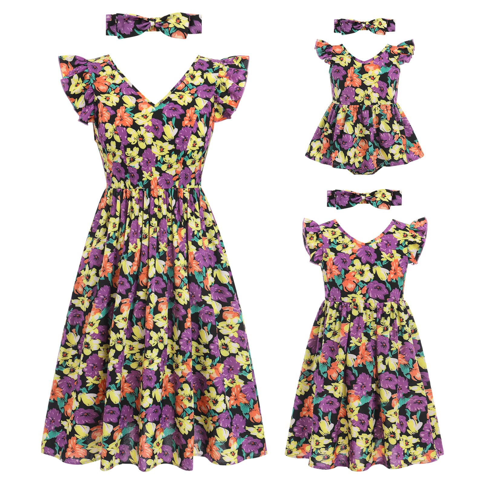 AWIBMKMommy and Me Matching Dresses Floral Ruffled Backless Midi Beach Dress Self-tied Belt Summer Mom Daughter Matching Outfits