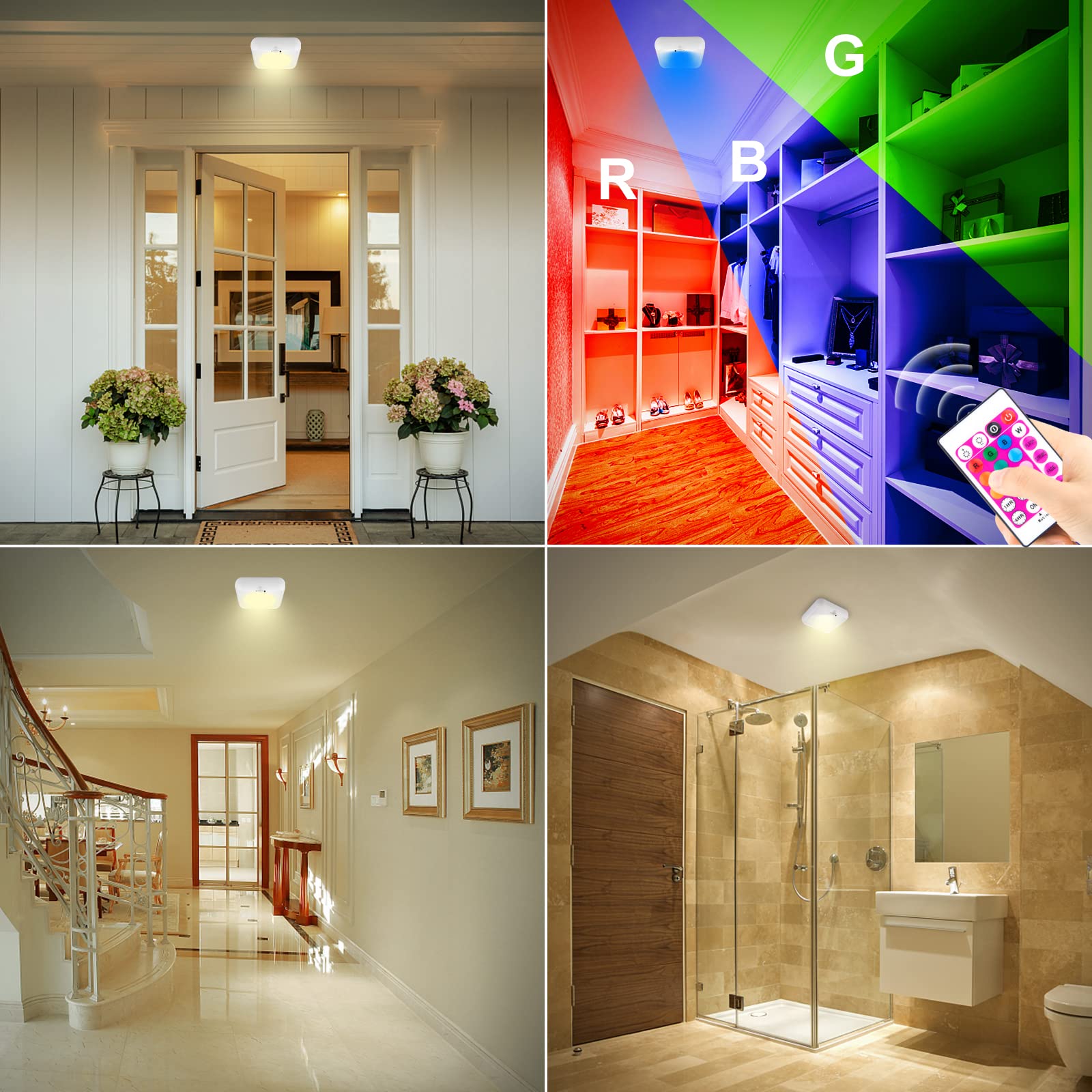 BIGMONAT Lot de 2 lampes à détecteur de mouvement à piles avec télécommande, lumière dimmable, couleur changeante, pour douche, armoire, garde-manger, couloir, chambre à coucher, 2 pièces