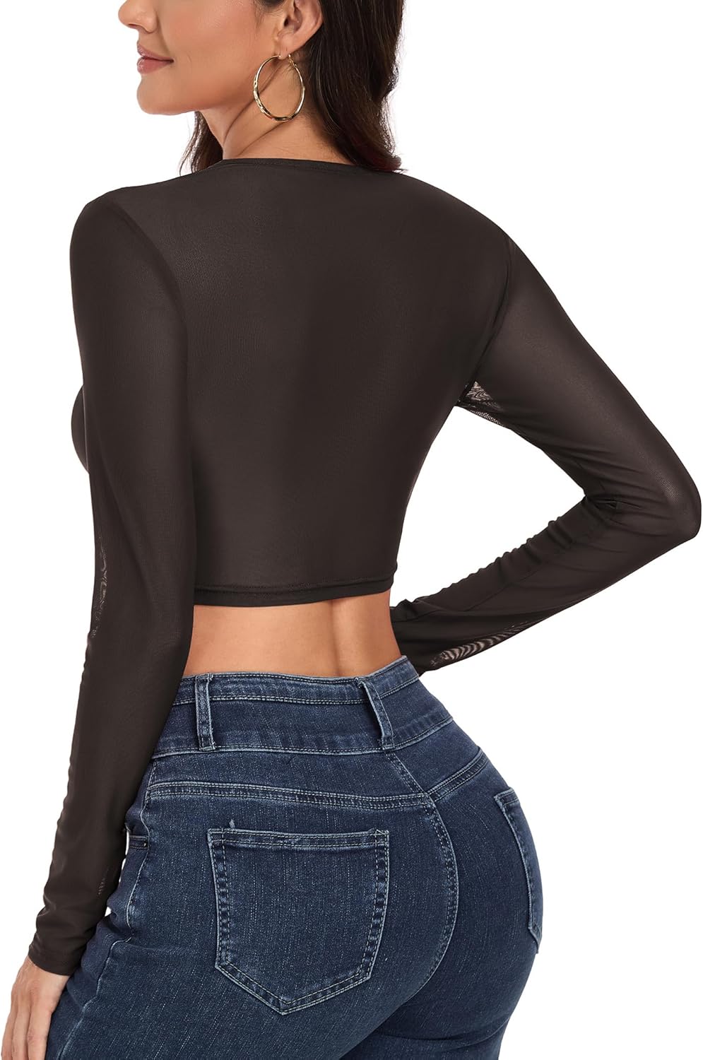 Mesh Crop Tops for Women Long Sleeve O-Neck Sheer Shirt See Through Color Block Tees Shirts - Image 3