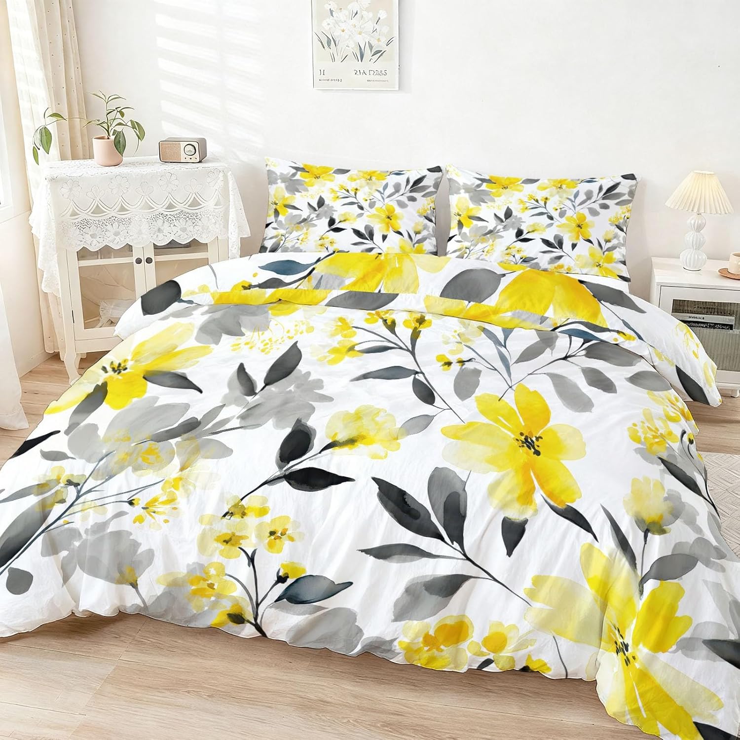 Duvet Cover for Kids Watercolor Plants Flowers Leaves Quilt Cover Sets Reversible Soft Bedspread Cover Room Decor, Yellow Gray Bedding Set 3Pcs Zipper Closure Boys Girls Teens (Queen Size 90"x90")