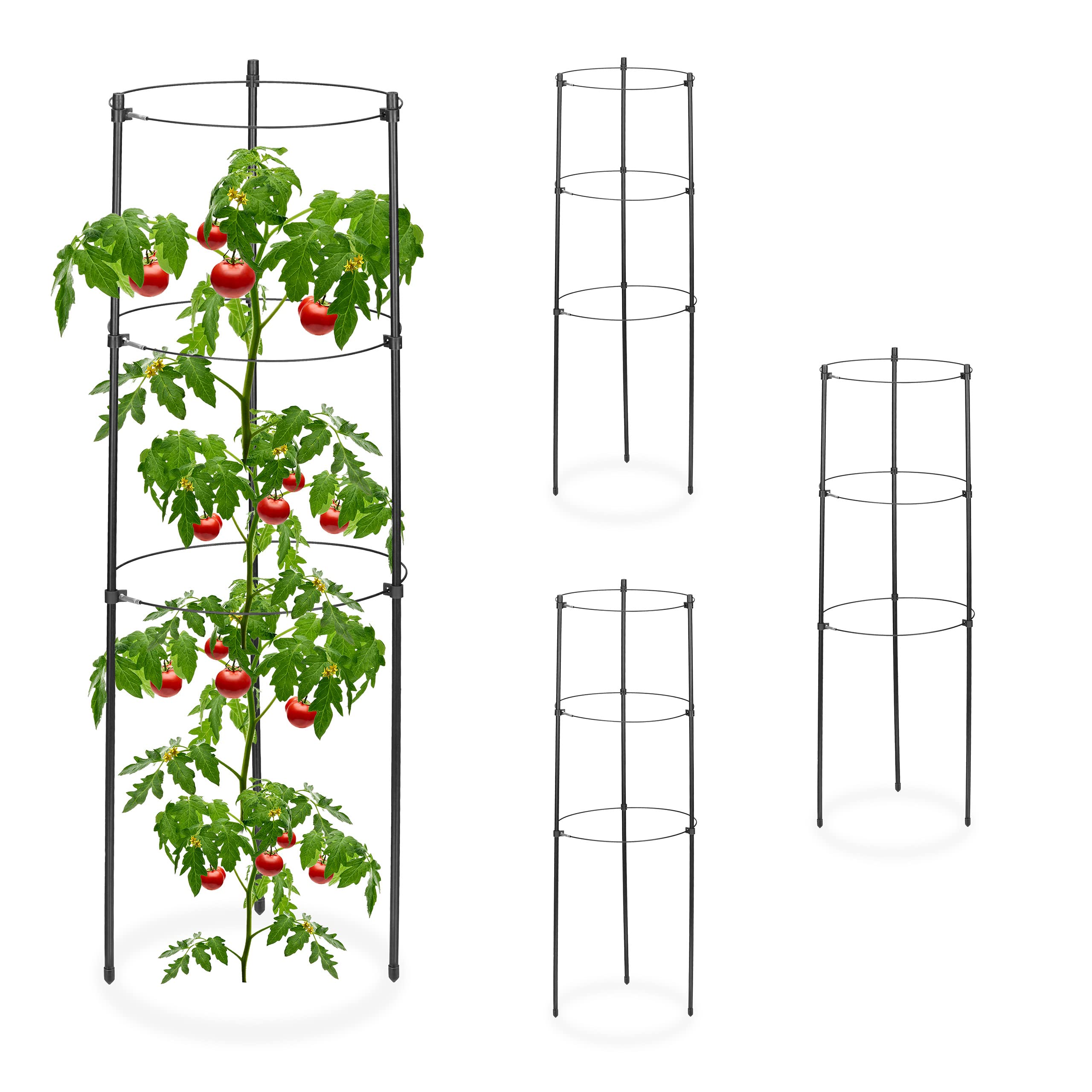 Relaxdays Set da 4 Sostegni Circolari per Pomodori, Piante Rampicanti, Cetrioli, Alti 60 cm, 3 Anelli, Metallo, Nero