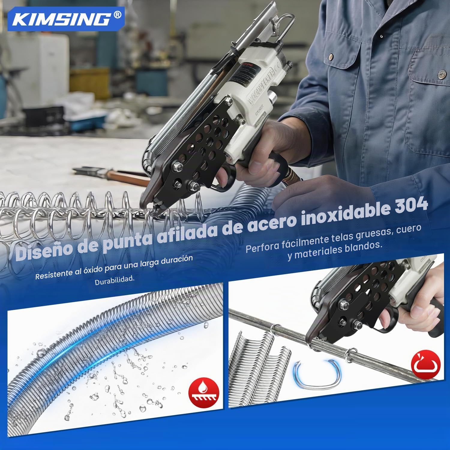 Kamsin K-SC7E Herramienta neumática de anillo de cerdo de calibre 15 con nariz larga, grapas de anillo de cerdo de corona de 3/4 pulgadas (grapas 304SS SC7 (10,000 piezas/caja)) | Corona int. 19mm - ext. 24mm, cierre 4,8-8mm, para pinzas C 15GA, jaulas an