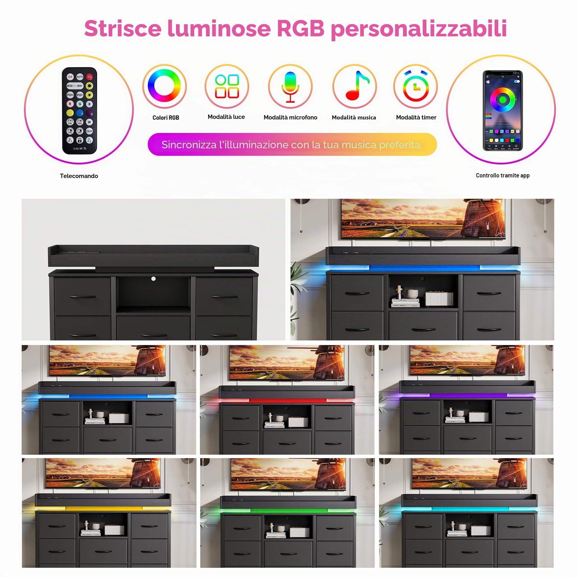 Cassettiera con 8 cassetti, in tessuto con illuminazione a LED, credenza con porte di ricarica USB, armadietto portaoggetti per camera da letto, soggiorno e corridoio (nero, 8 cassetti)