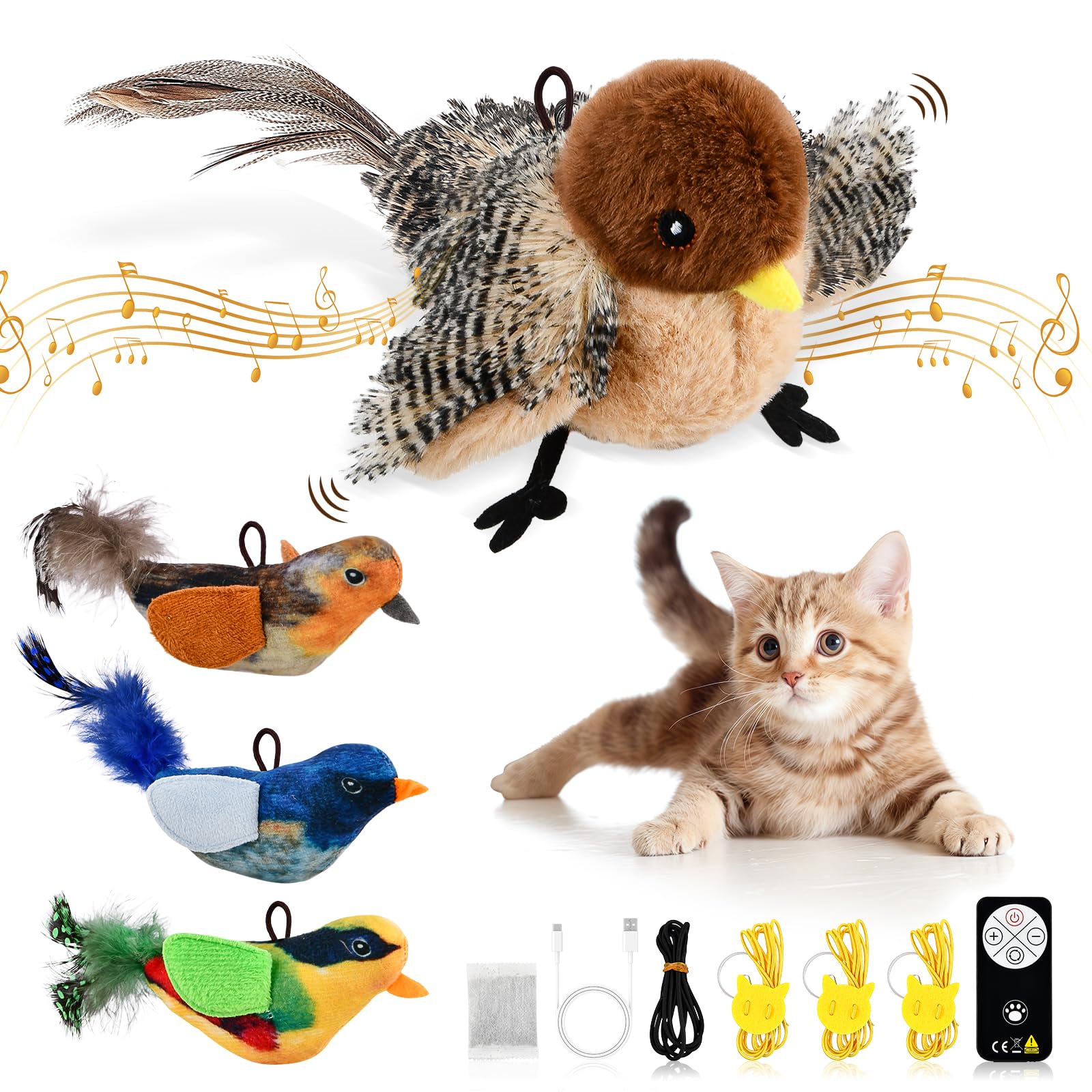 4 PCS Juguetes Interactivos Gatos Pájaro Volador, Juguete Gatos Electrico Gorrión con 3 Juguetes Pajaros Pequeños de Hierba Gatera, Juguete Automático Recargable para Gatos Interior con Control Remoto