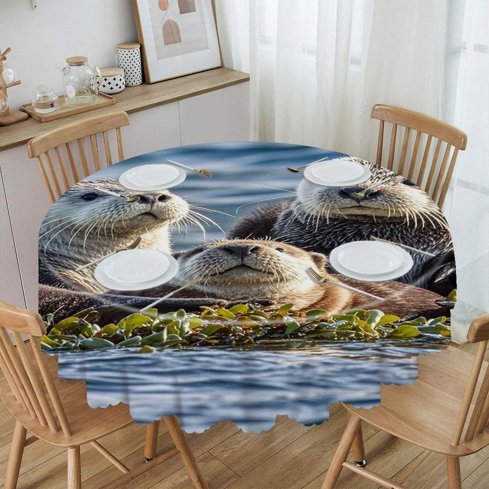 FekiLoot 60 Inch Round Sea Otters Tablecloth Waterproof Heavy Duty Polyester Table Cloth Spill-Proof Wipeable Table Cover Decorative Circle Dining Tablecover for Party Outdoor