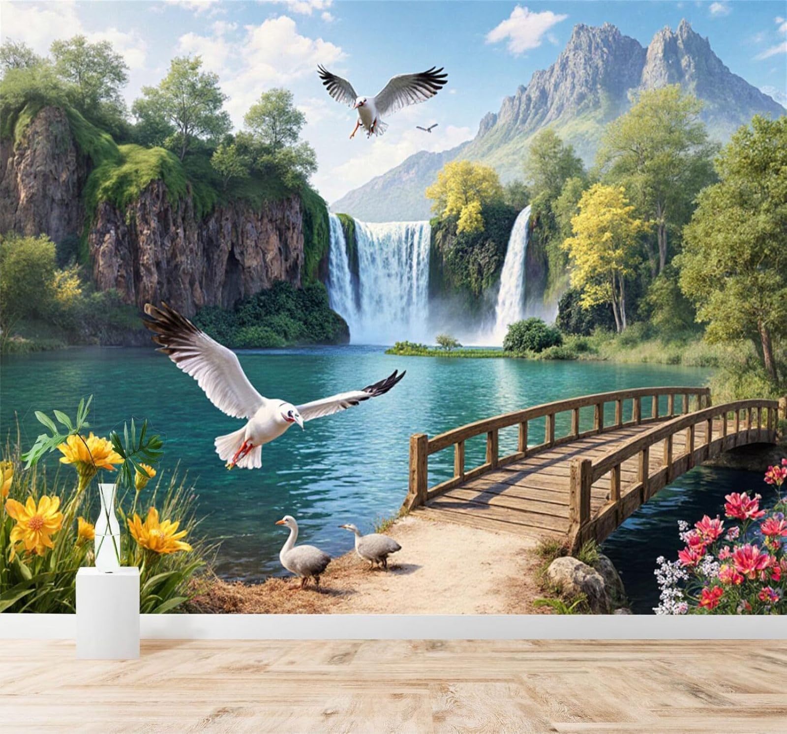XLMING Wooden Bridge Waterfall Lake Flowers Mountains 3D Wallpaper Silky Texture Home Study Office Grey Dining Room Sofa Bedroom Living Room TV Backdrop-250cm×170cm