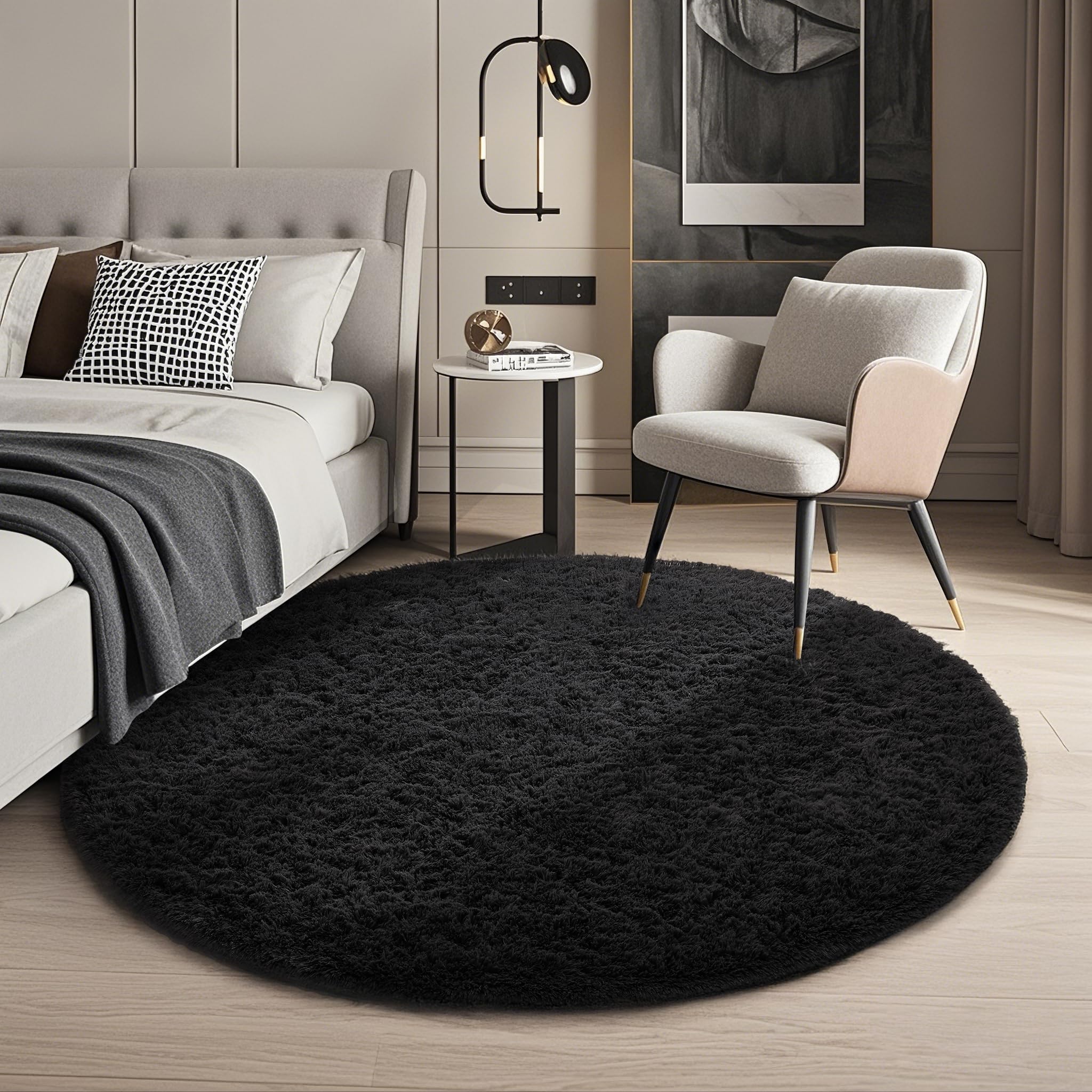 Ophanie Round Rug 4Ft Black Circle Area Rug, Room Decor for Men, Fluffy Fuzzy Bedroom Carpet, Plush Soft Shaggy Living Room Rugs for Kids Home Aesthetic, Nursery with 99 pcs Pile fibers