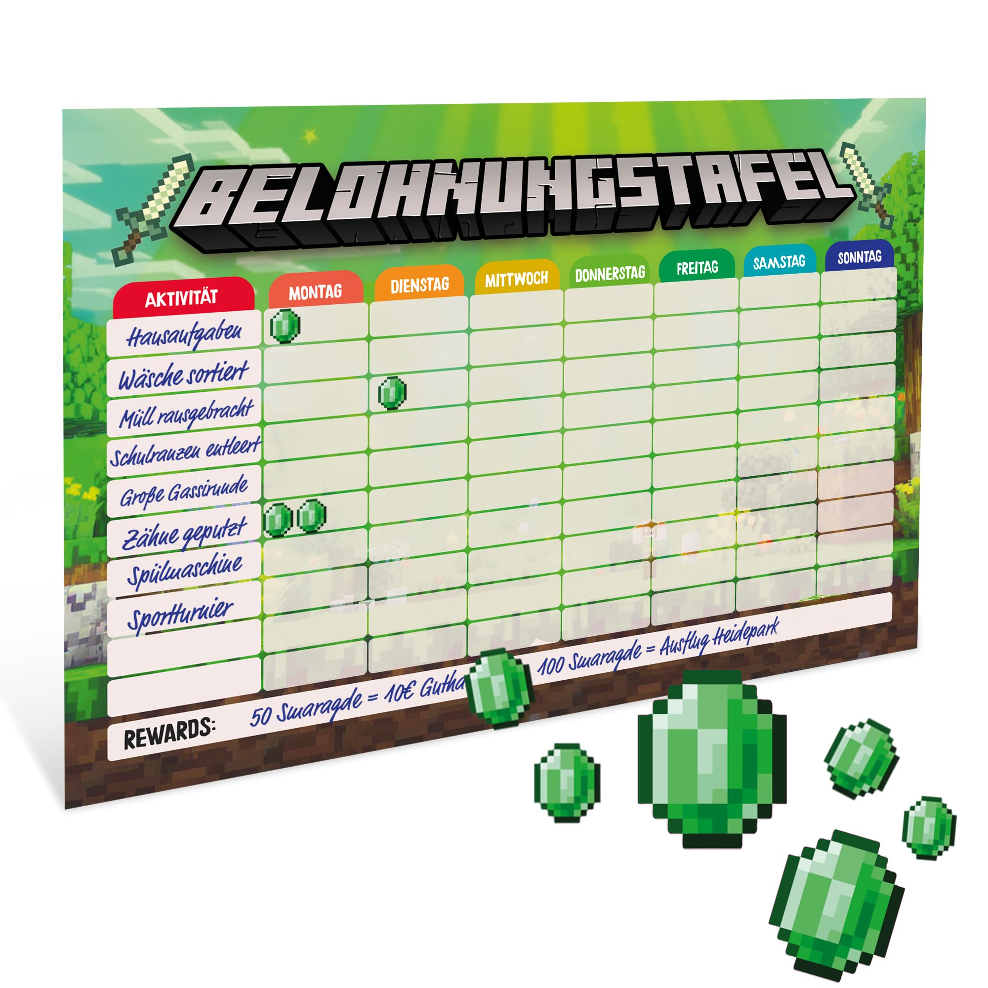 Koko&Lora - Belohnungstafel für Kinder • Motivationsplan mit Smaragd-Stickern – Spielerisch gutes Verhalten fördern • Lernposter aus stabilem Karton - Belohnungssystem
