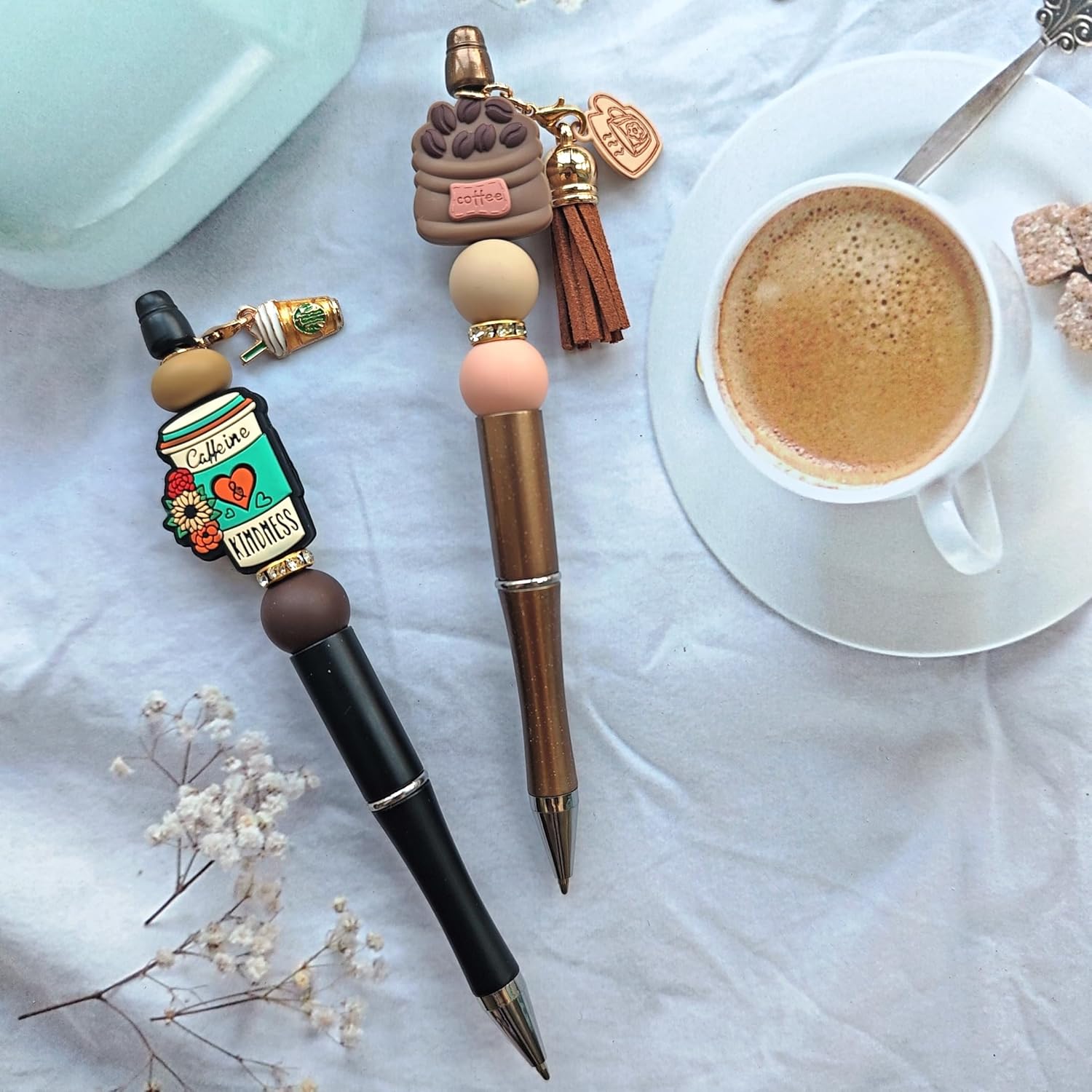 JNwhy Beadable Pens 12 Sets Coffee Theme Ballpoint Pens DIY Making Kit with Silicone Focal Beads Alloy Pendants Assorted Spacer and Tassels (Coffee Theme)