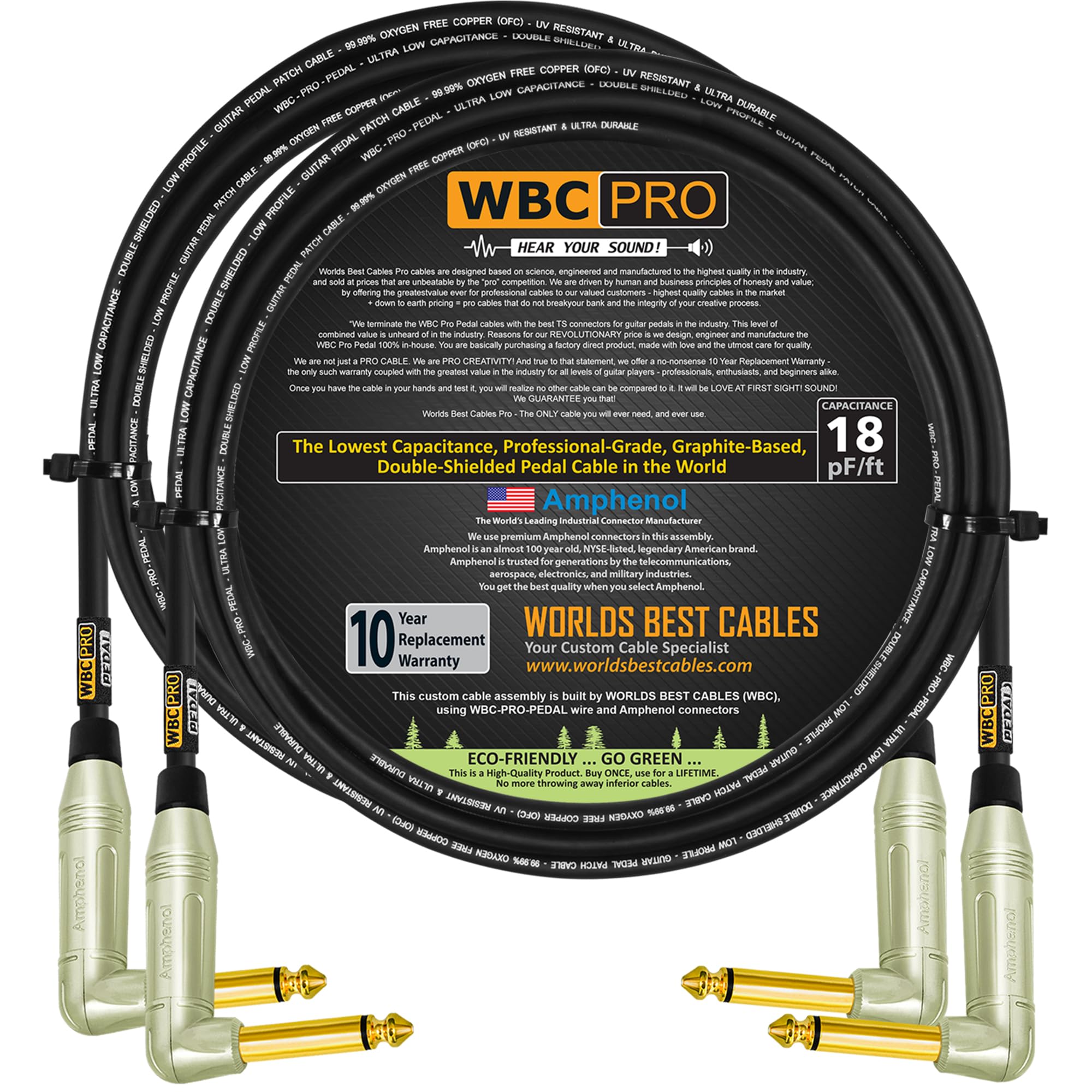 2 unidades – 4 pies – Pedal WBC-PRO-– 22 AWG – Baja tapa (18pF/ft) – Grado profesional – Basado en grafito – Pedal de doble blindaje, efectos, parche, cable de instrumento y conectores TS dorados en