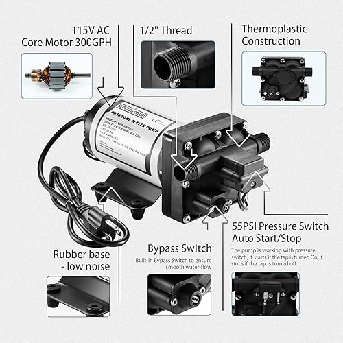 Miniatura 31 de WASSERMANN Bomba de agua RV de 12 voltios CC 3.0GPM 55PSI, repuesto para 4008-101-A65, bomba de agua autocebante de diafragma con interruptor