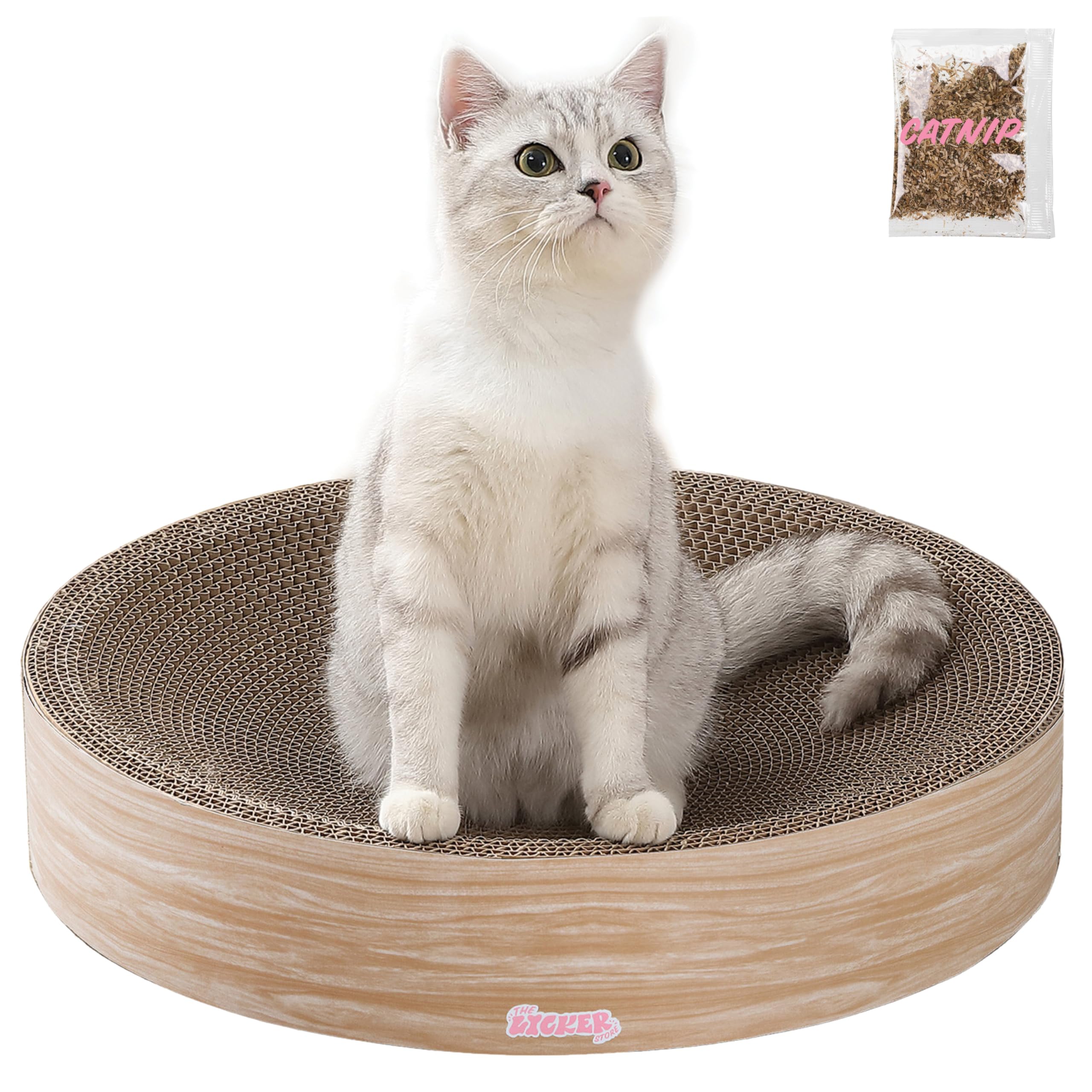 The LICKER Store CSR1010J Nelson 20.13" Modern Cardboard Round Bowl Cat Scratcher with Catnip, Oak Wood