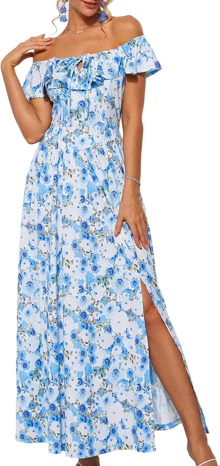GRACE KARIN 2025 Womens Maxi Dresses Summer Off Shoulder Floral Dress Ruffle Split Beach Flowy Boho Wedding Guest Dress
