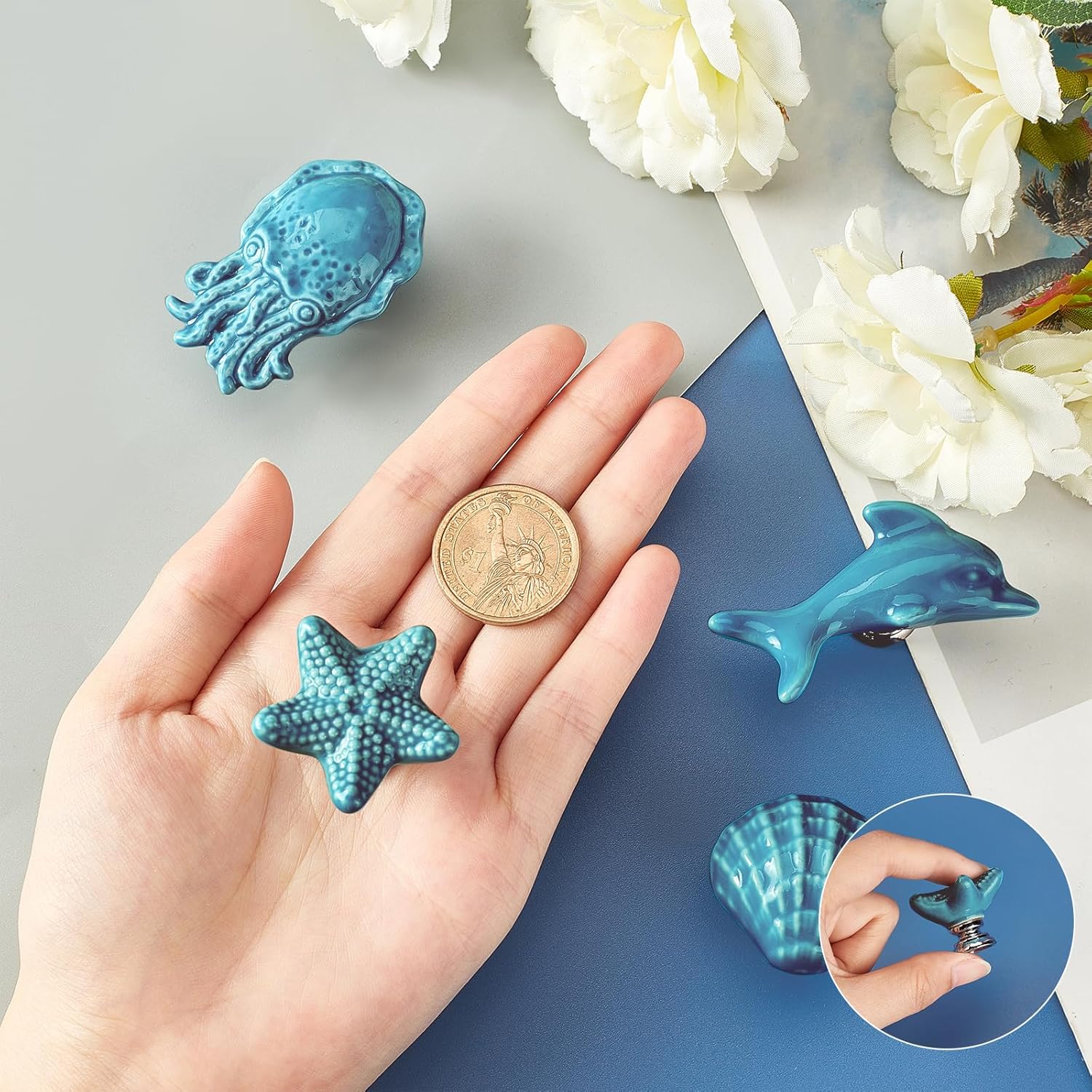 GORGECRAFT 4Sets Starfish Octopus Shell Dolphin Ceramic Cabinet Knobs Marine Animals Theme Ocean Cartoon Style Handmade Dresser Knob Drawer Pulls for Cupboard Kitchen Wardrobe Furniture (Blue)