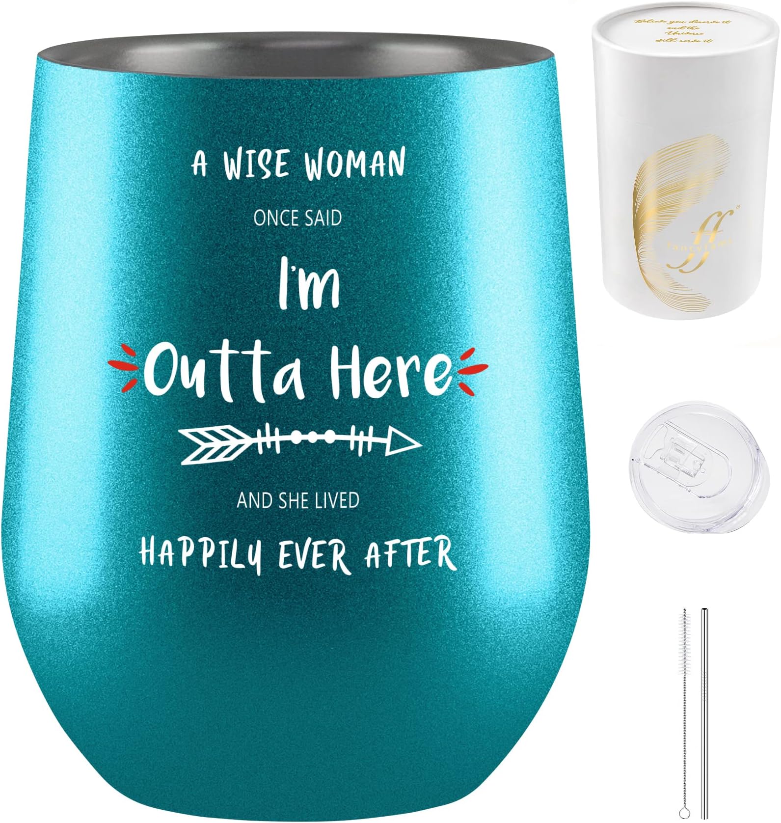 Fancyfams I’m Outta Here, Retirement Gifts for Women, Birthday Divorce Retirement Going Away Good Luck Gift, 12 oz Stainless Steel Wine Tumbler, Retirement Gifts (Outta Here - Turquoise)
