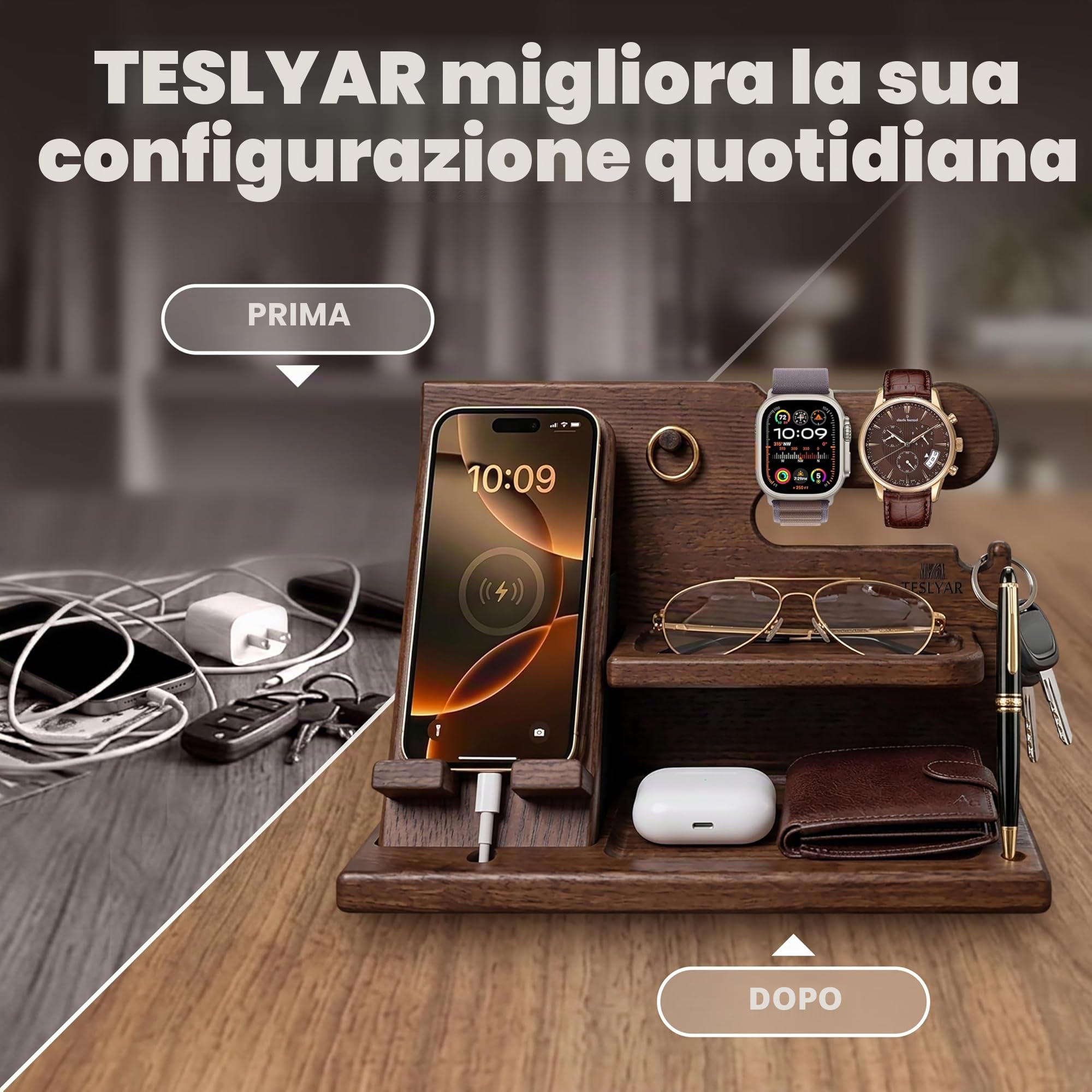Teslyar Docking Station in Legno Massello di Frassino, Organizer da Comodino per Smartphone, Orologio, Portafoglio | Idea Regalo Uomo/Donna per Natale, Marito, Moglie, Papà (Marrone)