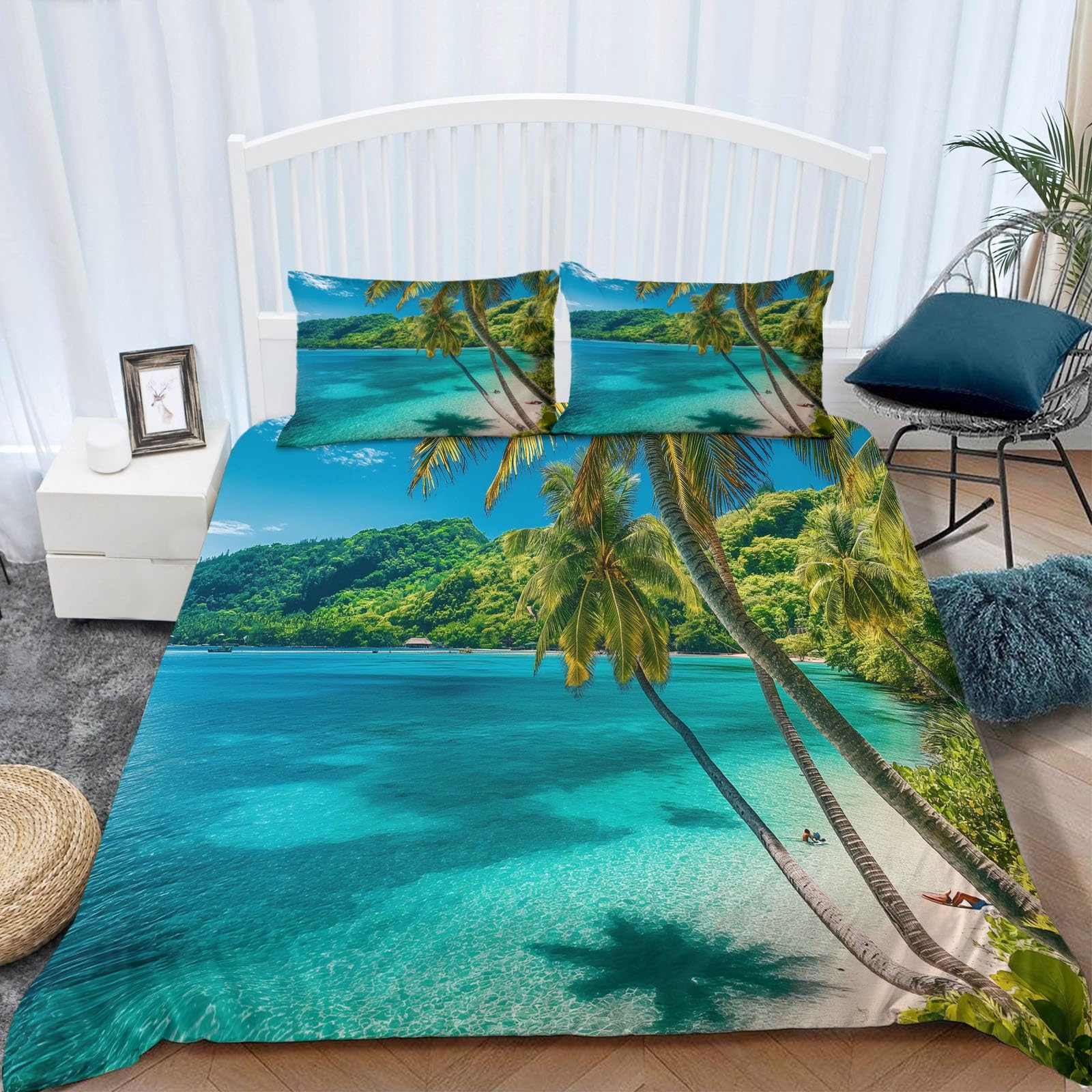 Bettbezug 155x220 cm Sea Palm Tree Beach Bettwäsche Set Weiche Atmungsaktive Hypoallergen für Jugendliche Einzelbett mit Reißverschluss und Kissenbezug 80x80 cm