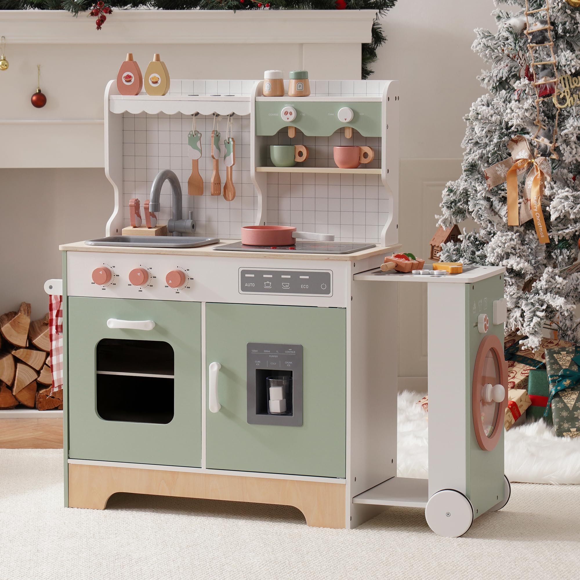 ROBUD Cocina Infantil de Madera con cafetera, máquina de Hielo, Barbacoa, vajilla y Comida de Juguetes. Adecuado para niños a Partir de 3 años