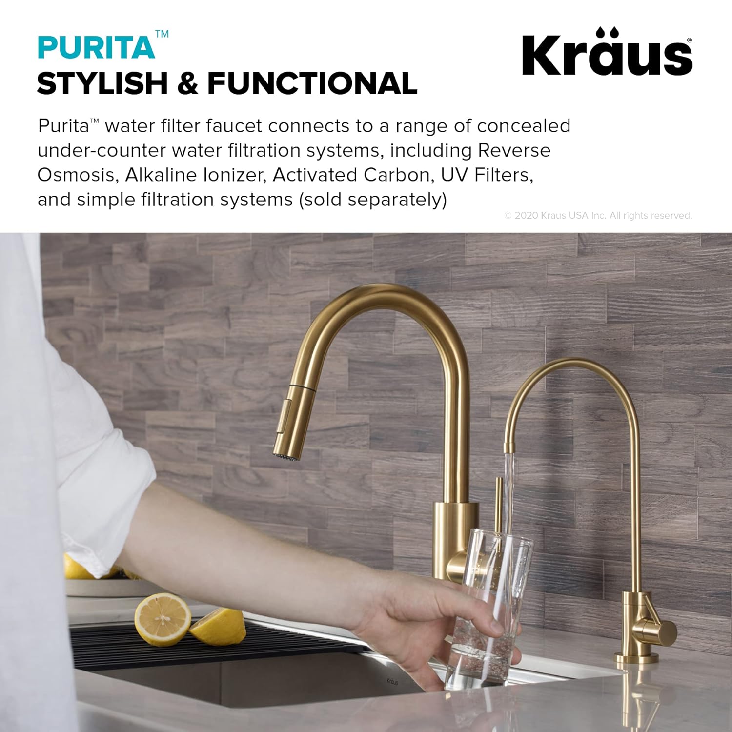 KRAUS Bolden Touchless Sensor Commercial Style Pull-Down Single Handle 18-Inch Kitchen Faucet in Brushed Brass, KSF-1610BB | KRAUS Purita 100% Lead-Free Kitchen Water Filter Faucet in Brushed Brass, FF-100BB