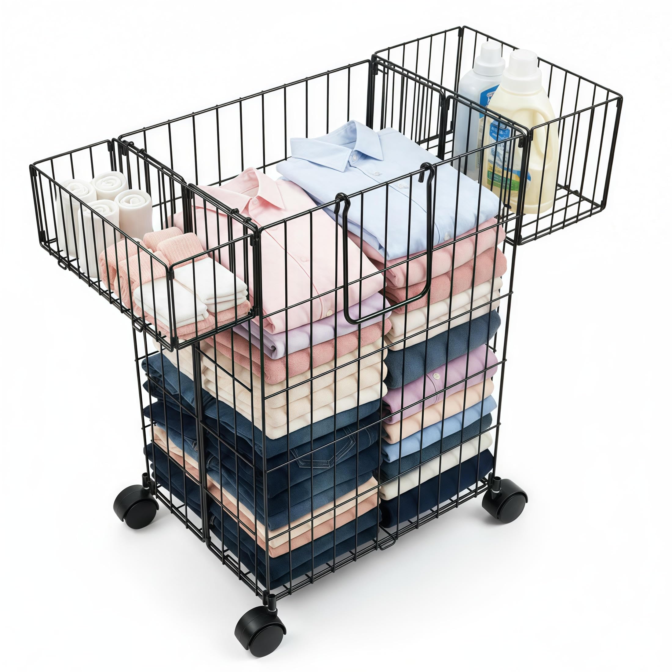 Rollbarer Wäschekorb mit Rollen, 63,5 cm hoch, 160 l Fassungsvermögen, Drahtgestell, mit feststellbaren Schwenkrädern und beweglichem Griff (Schwarz)