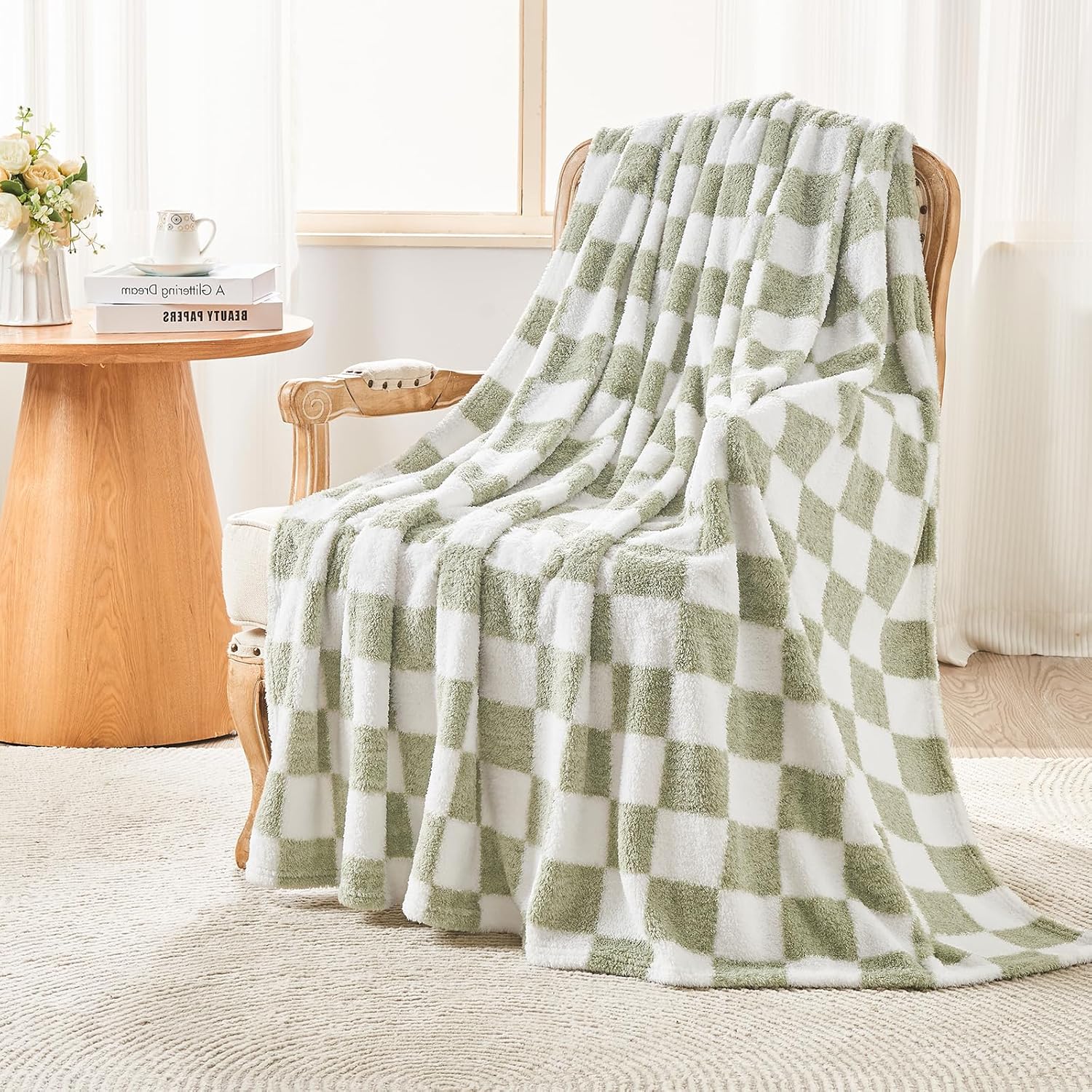 EMME Checkered Knit Blanket Soft Fluffy Patterned Throw Blankets for Couch, Sofa, Chair, Bed, Camping, Picnic, Travel Sage Green 50"x60"