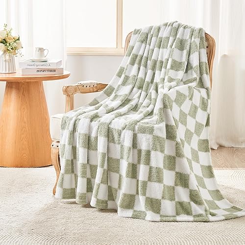 EMME Fleece Blanket Throw Blanket, Sherpa Fluffy Flannel Blanket, Checkered Blankets, Soft Warm Cozy Throw Blankets for Bed, Couch, Sofa, Armchairs, Picnic, Sage Green, 130 x 150cm - 03-checkered Sage Green - Throw