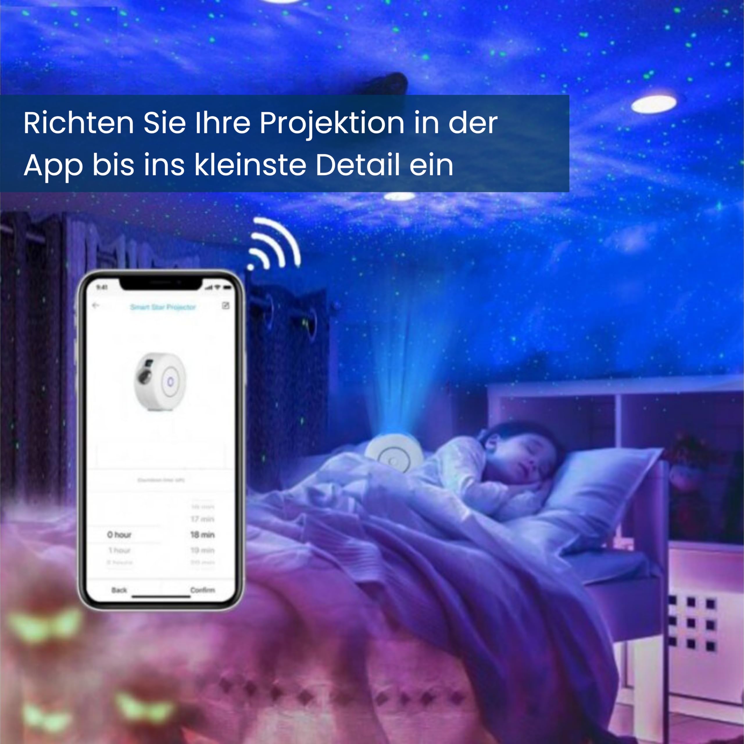 LED Projektor S4 mit Bluetooth Lautsprecher | Austauschbare Projektionseinleger für vielfältige Projektionen; Steuerung bequem per Smartphone App möglich