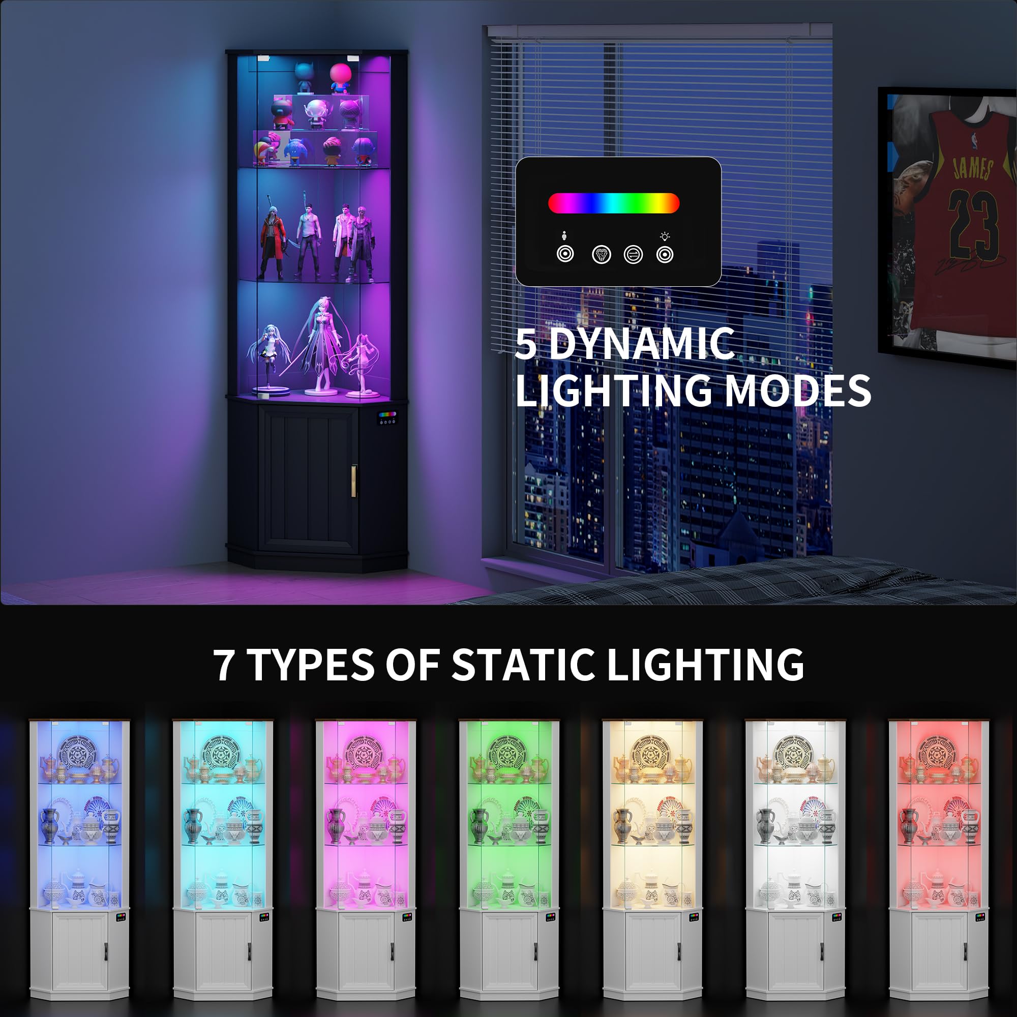 Lvifur Vitrina esquinera con iluminación LED y cajones para Objetos de colección, Vino, Vitrina de Cristal de 3 Niveles con sensores Inteligentes para Sala de Estar, Dormitorio