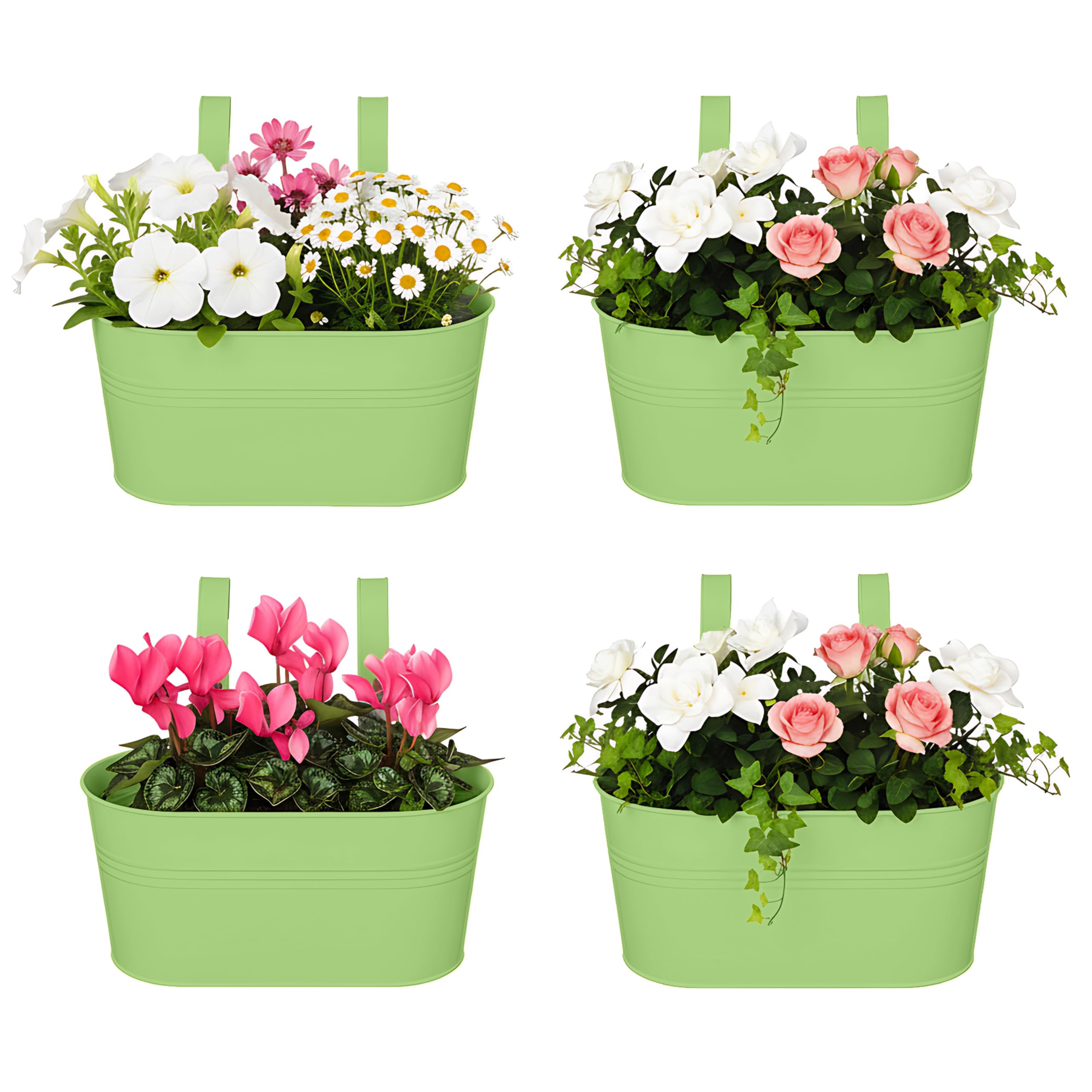 DIVCHI 4PCS Heavy Duty Metal Hanging Plant Pots 30cm Fence Railing Planters with Detachable Hooks Balcony & Garden Flowerpots with Drainage Hole Outdoor & Indoor Décor Planters (Green)