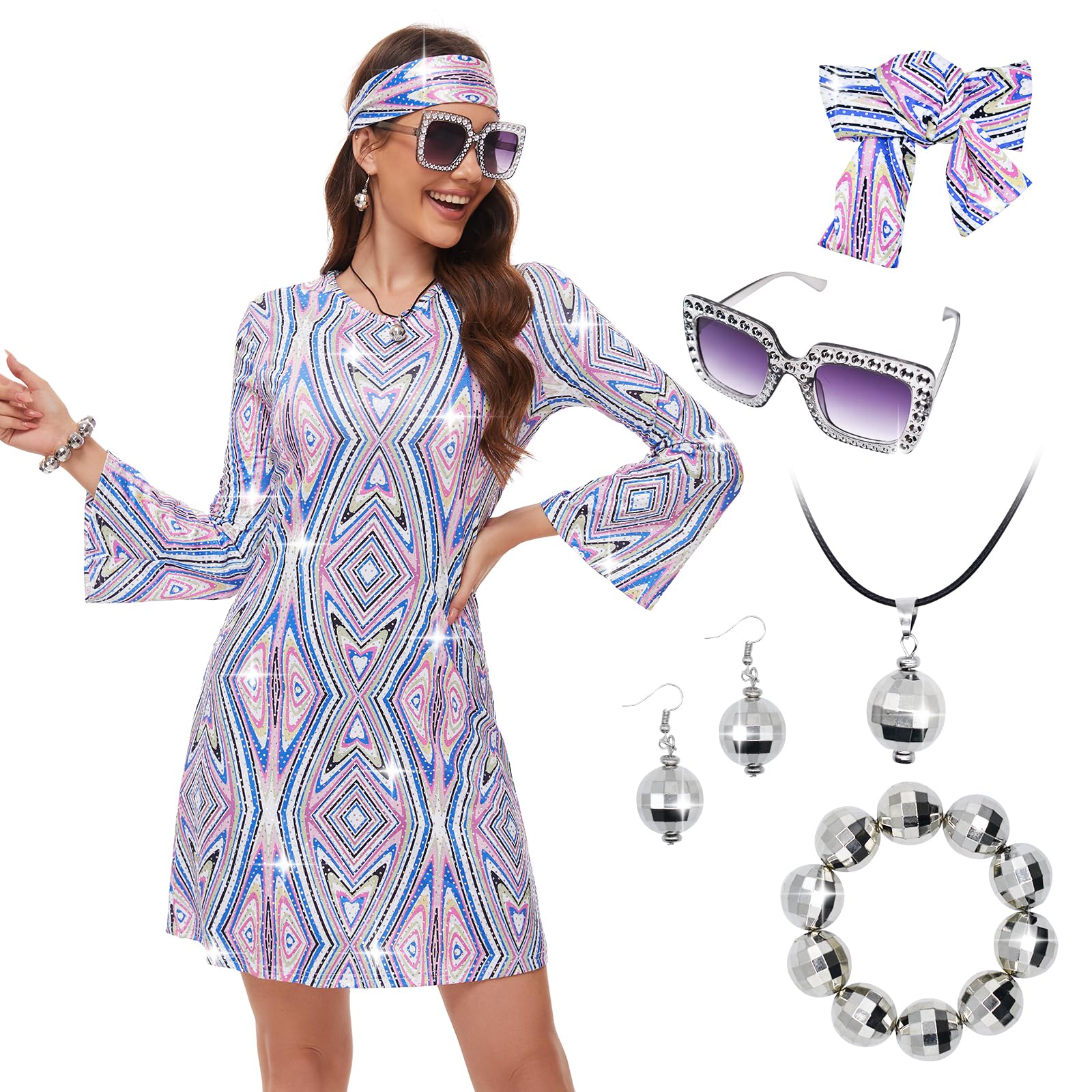 70s Women Disco Dress Hippie Costumes Necklace Earrings Glasses, 60's 70's Birthday Outfits, 1970s Prom Bling Dress