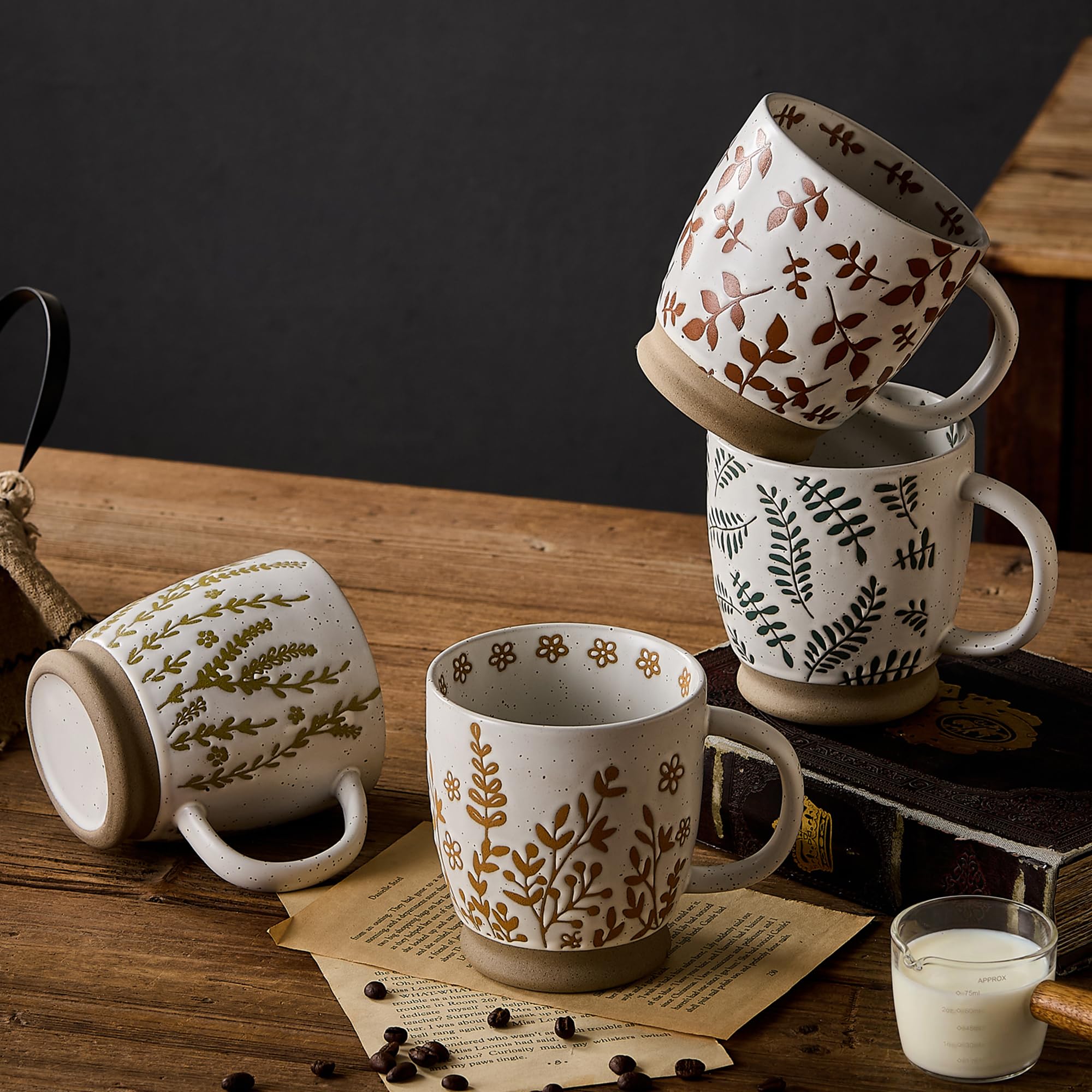 Handbemalte Keramik Kaffeetassen Set Landhausstil,Set of 4, 530ml Steinzeug Tonbecher für Espresso Tee, mikrowellengeeignet, Geschenk für Zuhause Büro